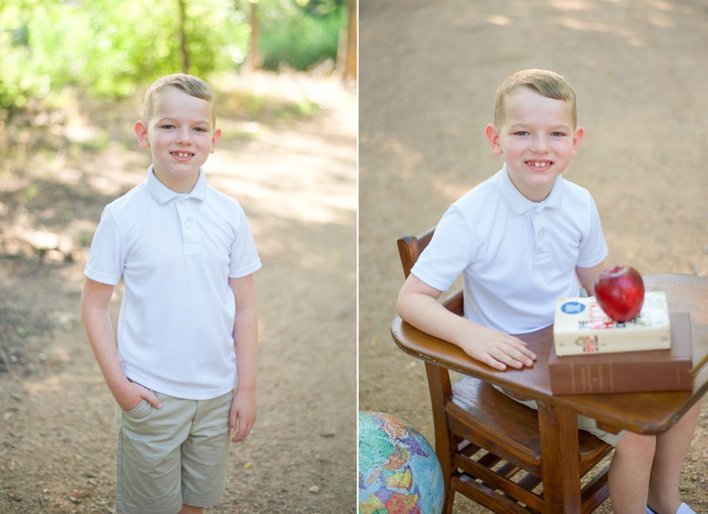 boy sits at wooden desk with white polo shirt during Beard Park Back to School Mini Sessions