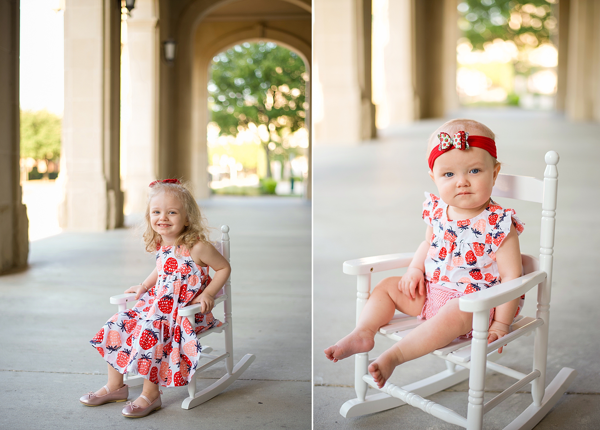 sisters in strawberry dresses pose on white rocking chair during Frisco Square family portraits