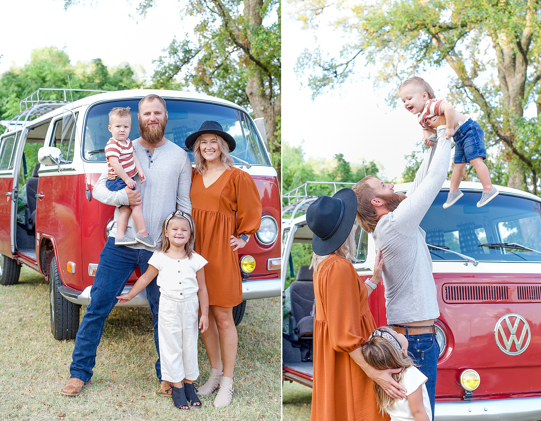 family poses by Volkswagon van during family photos in Texas