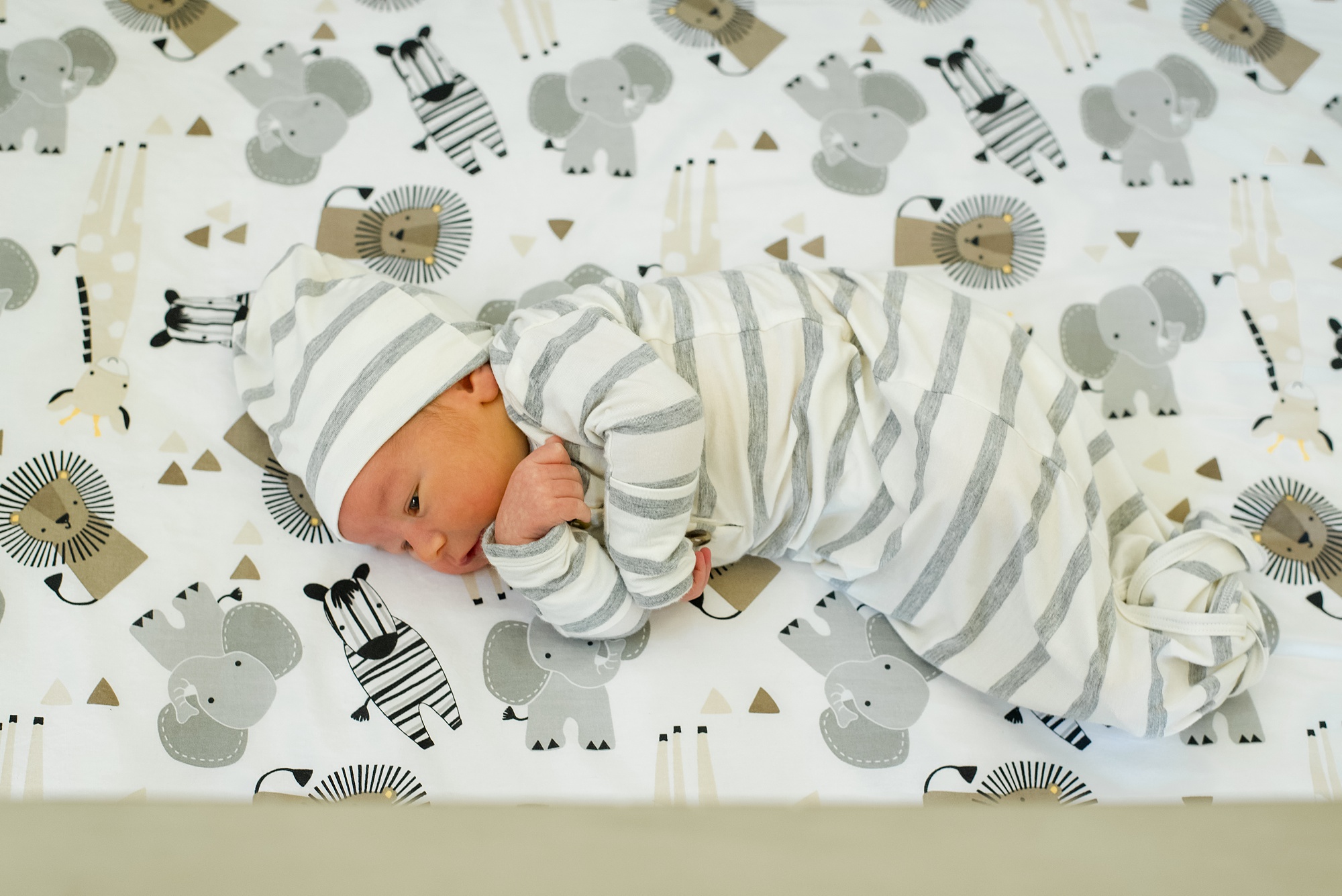 baby boy lays on safari inspired sheets in nursery