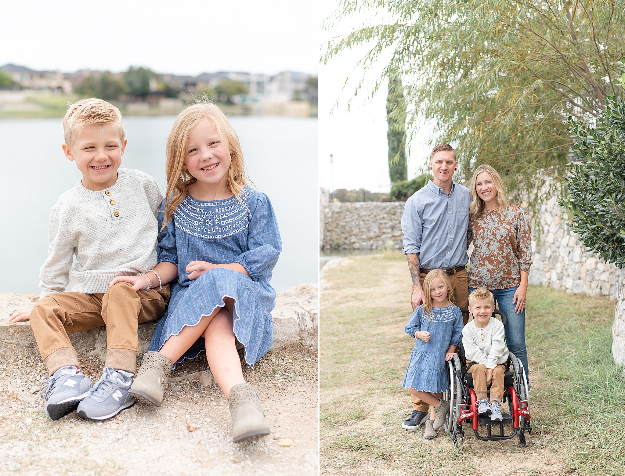 siblings pose in Adriatica Village during Texas family photos