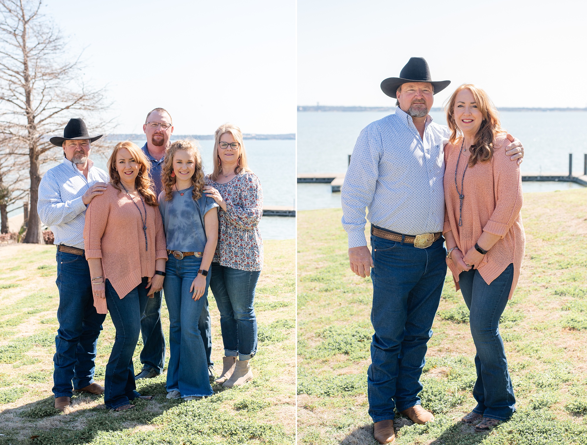 family poses by waterfront in Garland TX