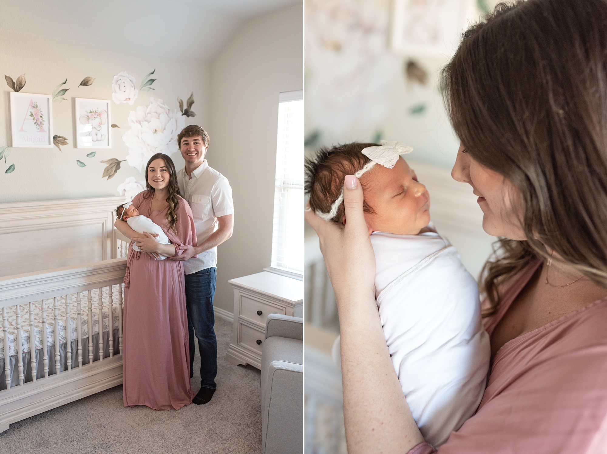 mom holds baby girl in nursery during newborn photos 