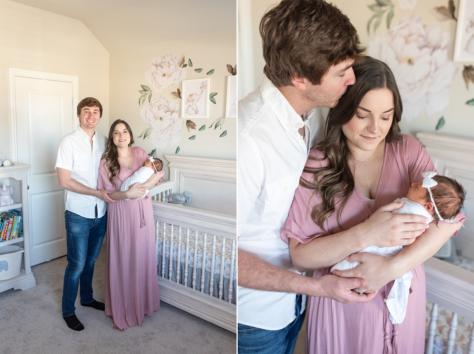 dad hugs mom and kisses forehead during Aubrey TX lifestyle newborn session 