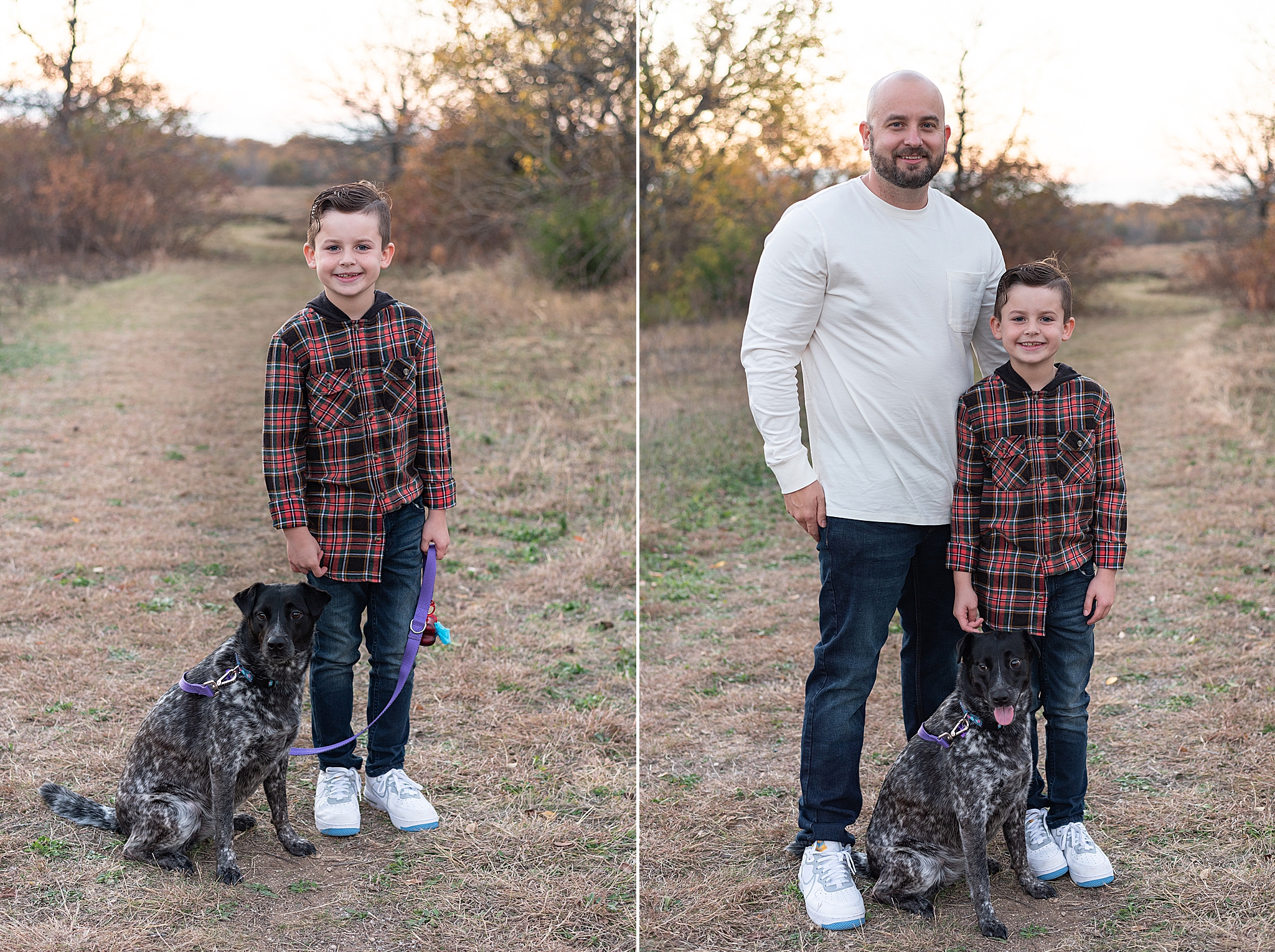 boy poses with dog and dad during Frisco Field Mini Sessions