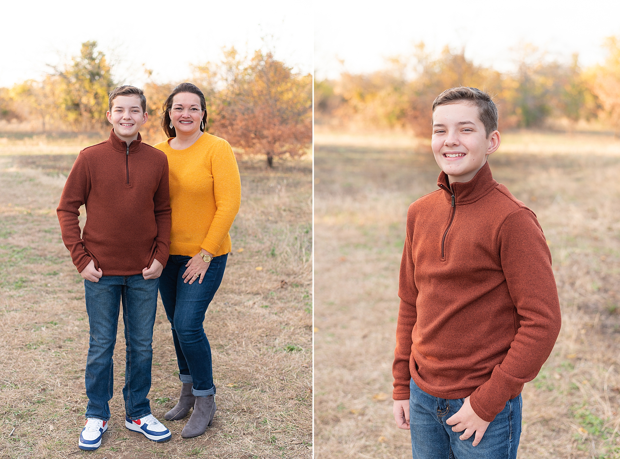 teen in burnt orange poses with parents during Frisco Field Mini Sessions