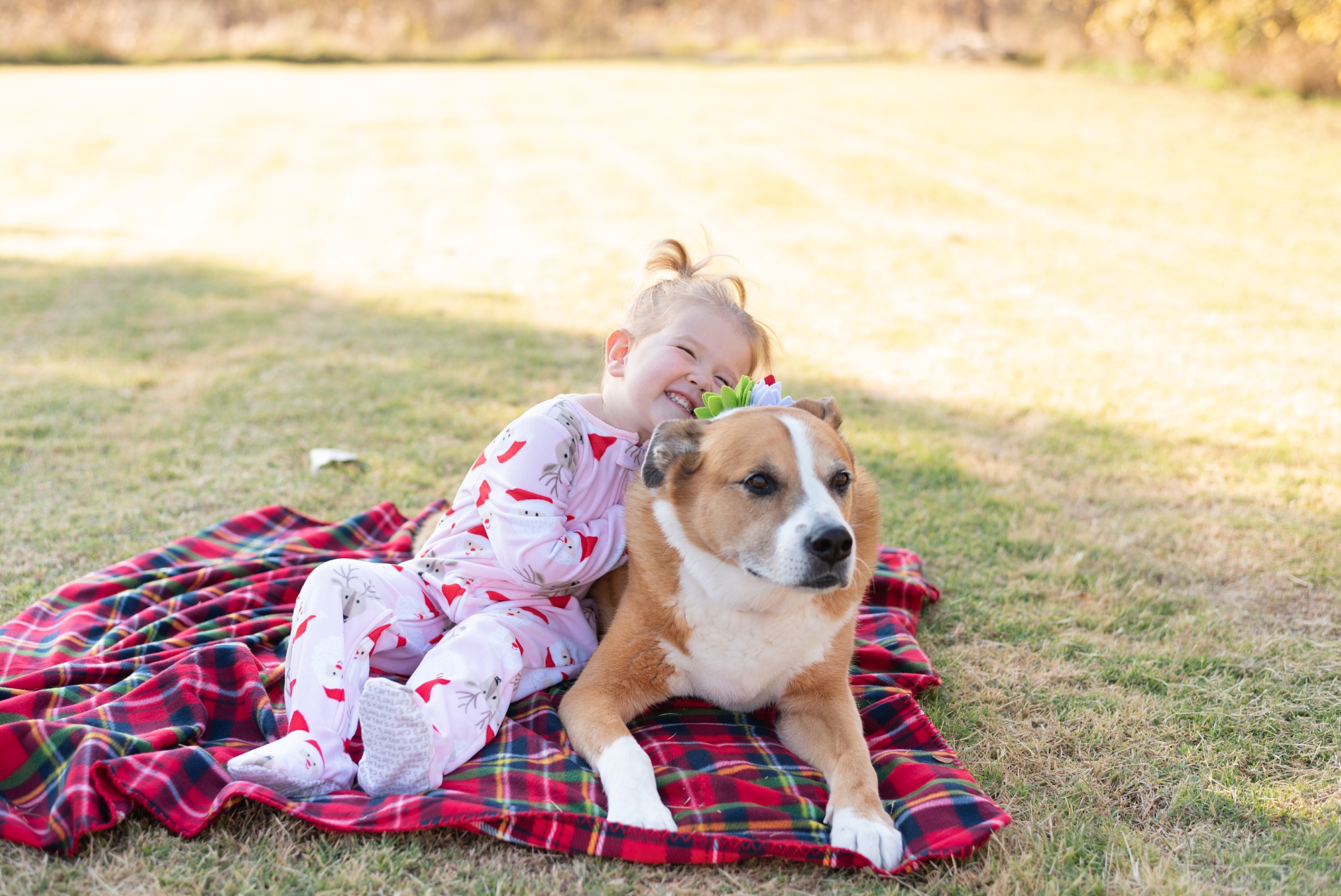 girl hugs dog during Texas family photos 
