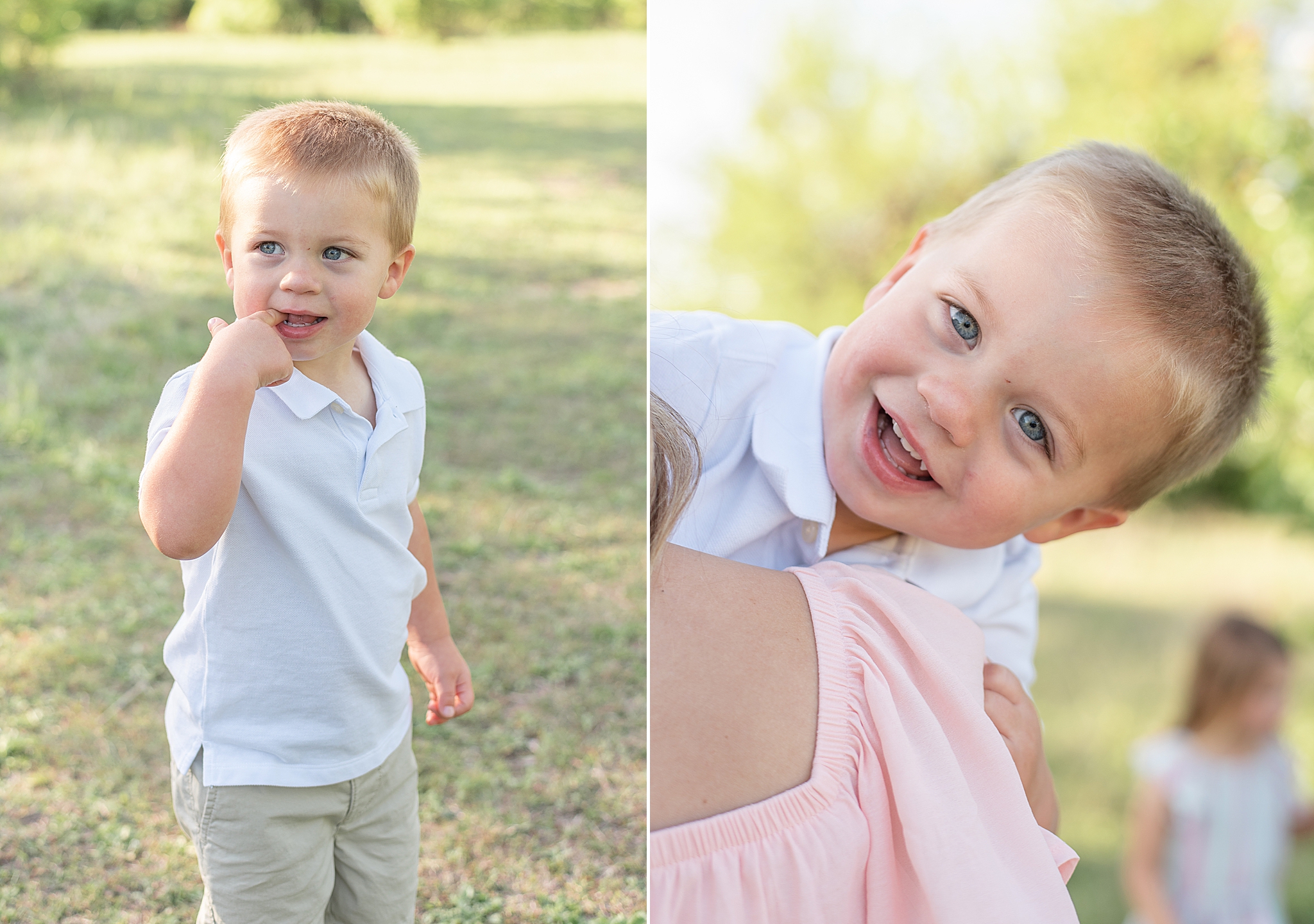 toddler plays during family photos in Texas