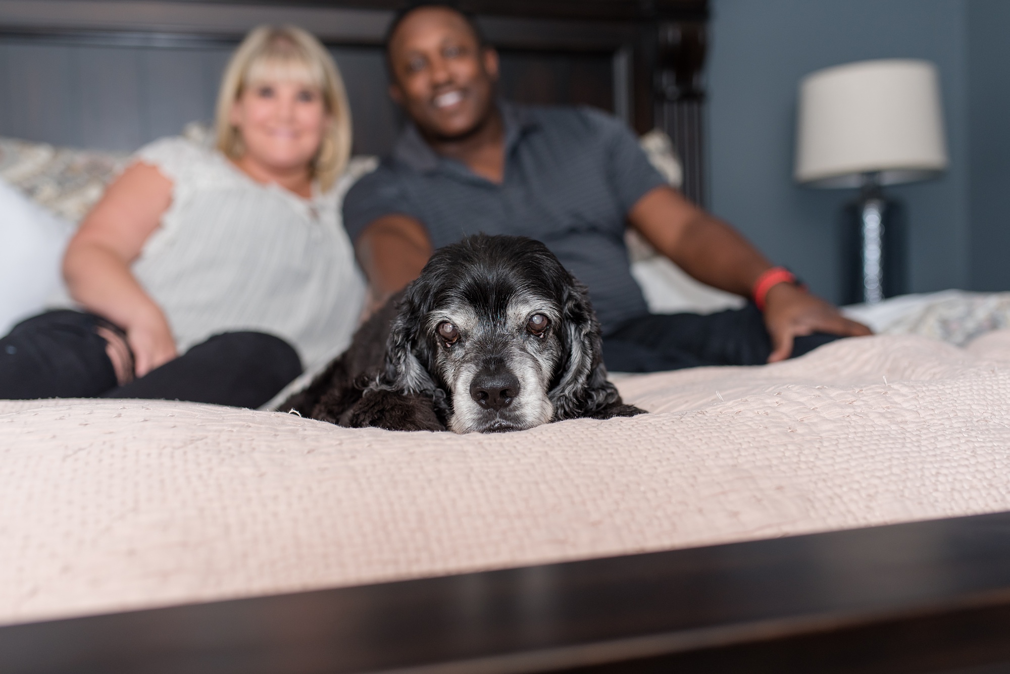 dog lays on bed with parents behind him