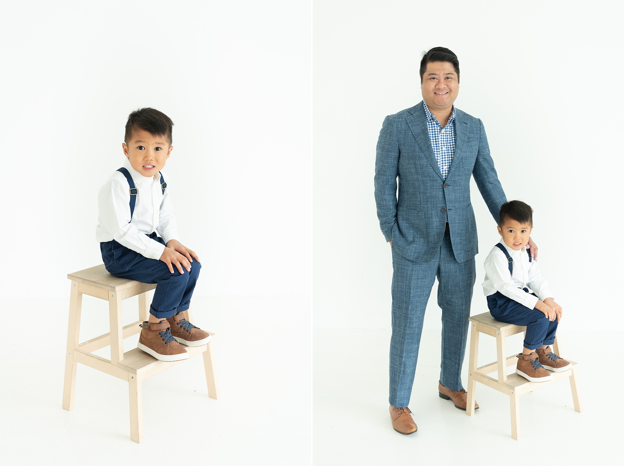 dad poses with son in blue suspenders during Texas family photos