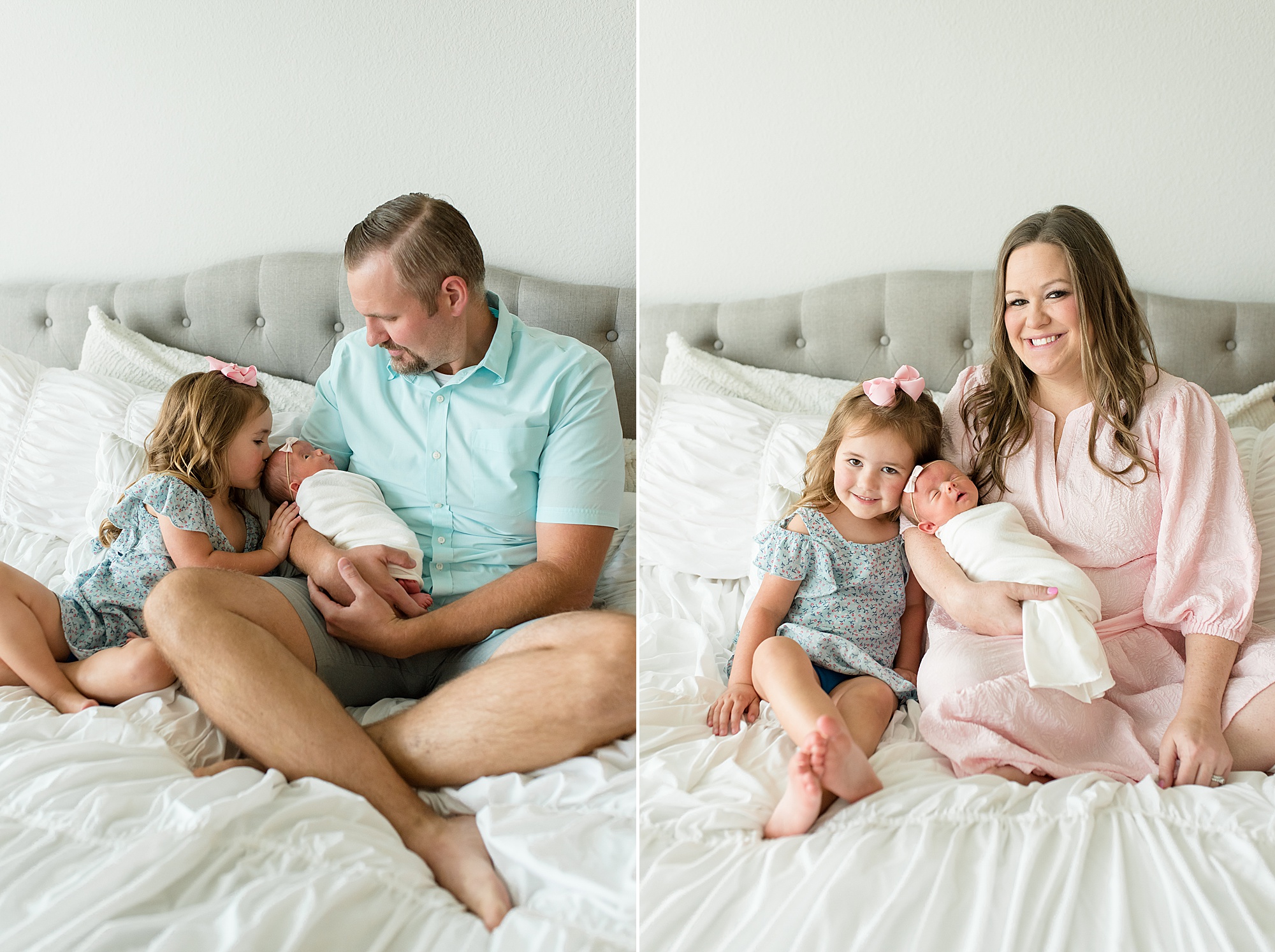 parents sit on bed during Texas newborn photos