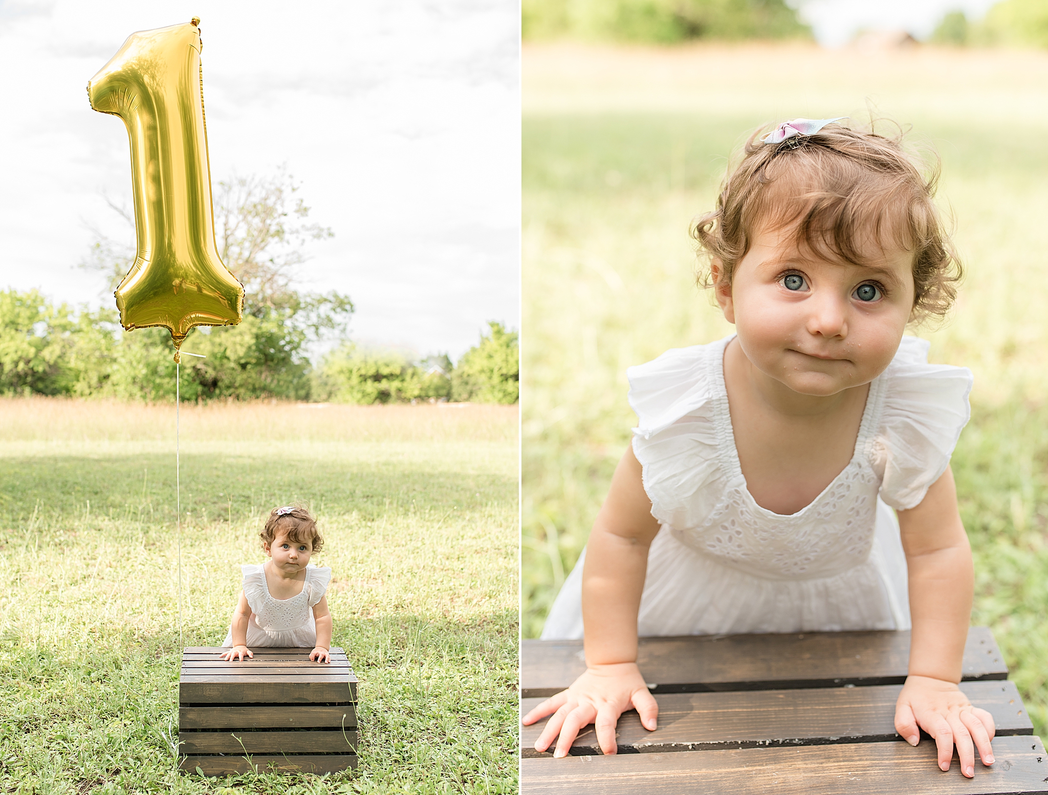 one year old climbs on wooden box during Milestone Portraits in Frisco