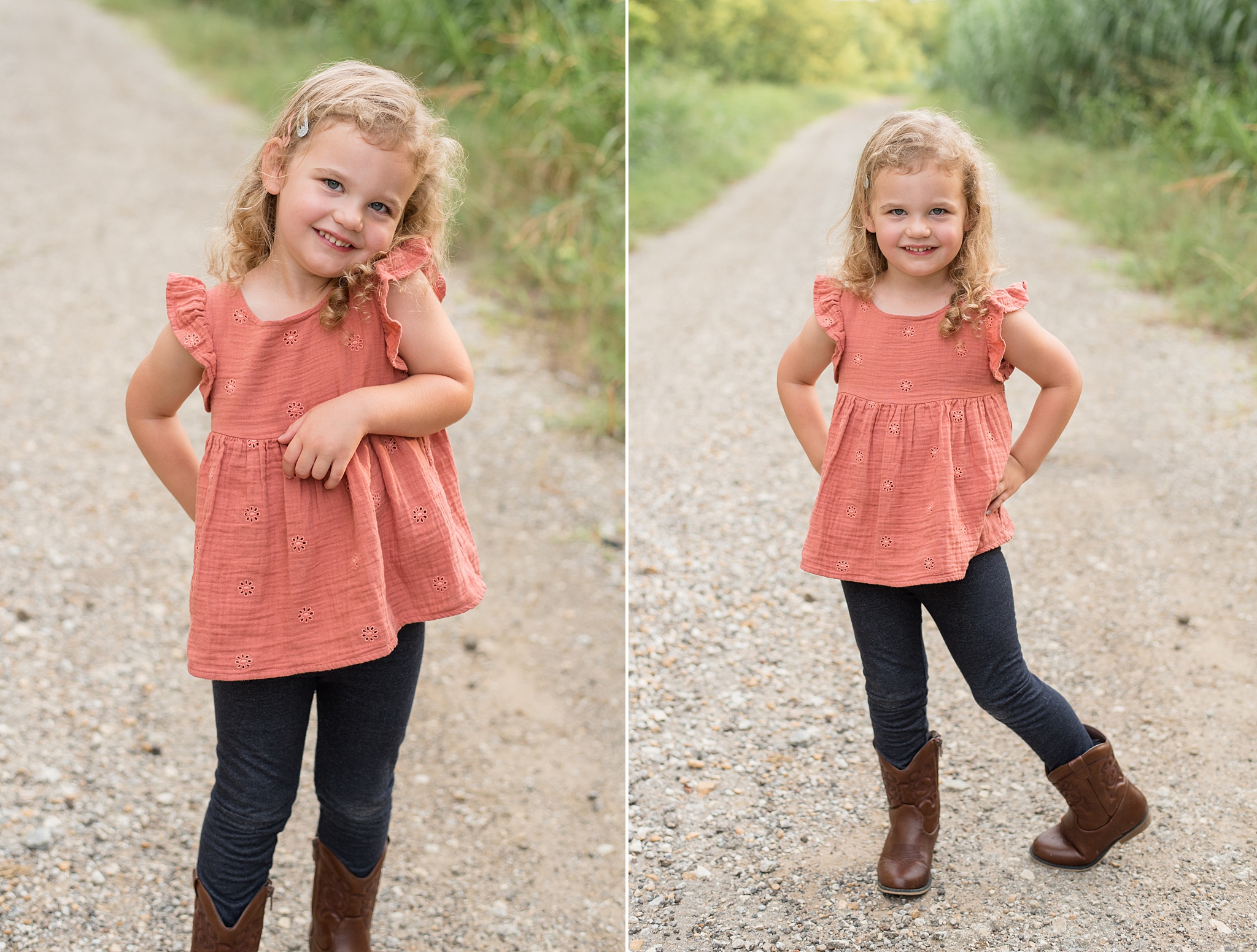 little girl in coral shirt and brown boots poses for camera during family session in TX