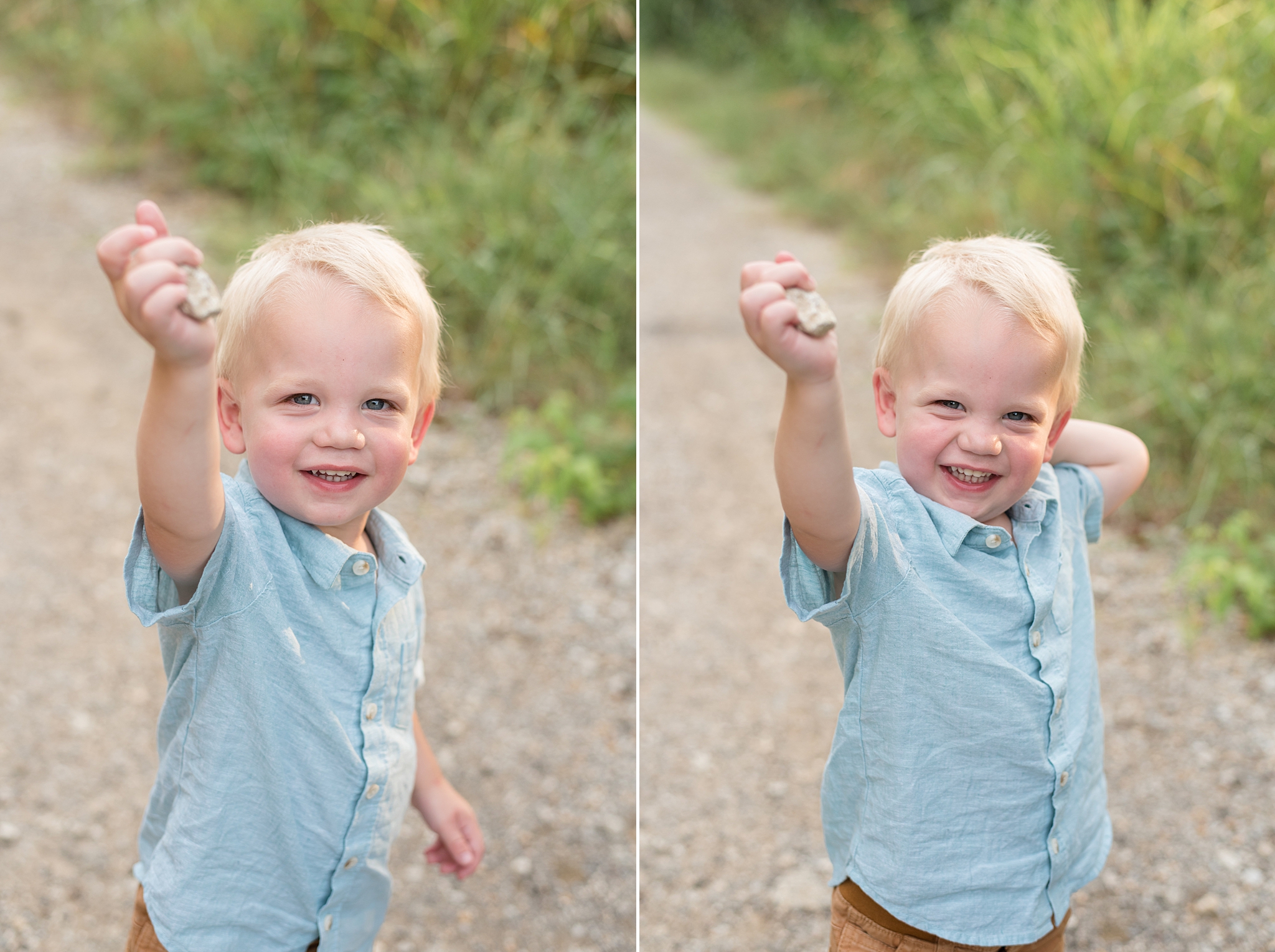 little boy showing off all the rocks he found during Little Elm Mini Session