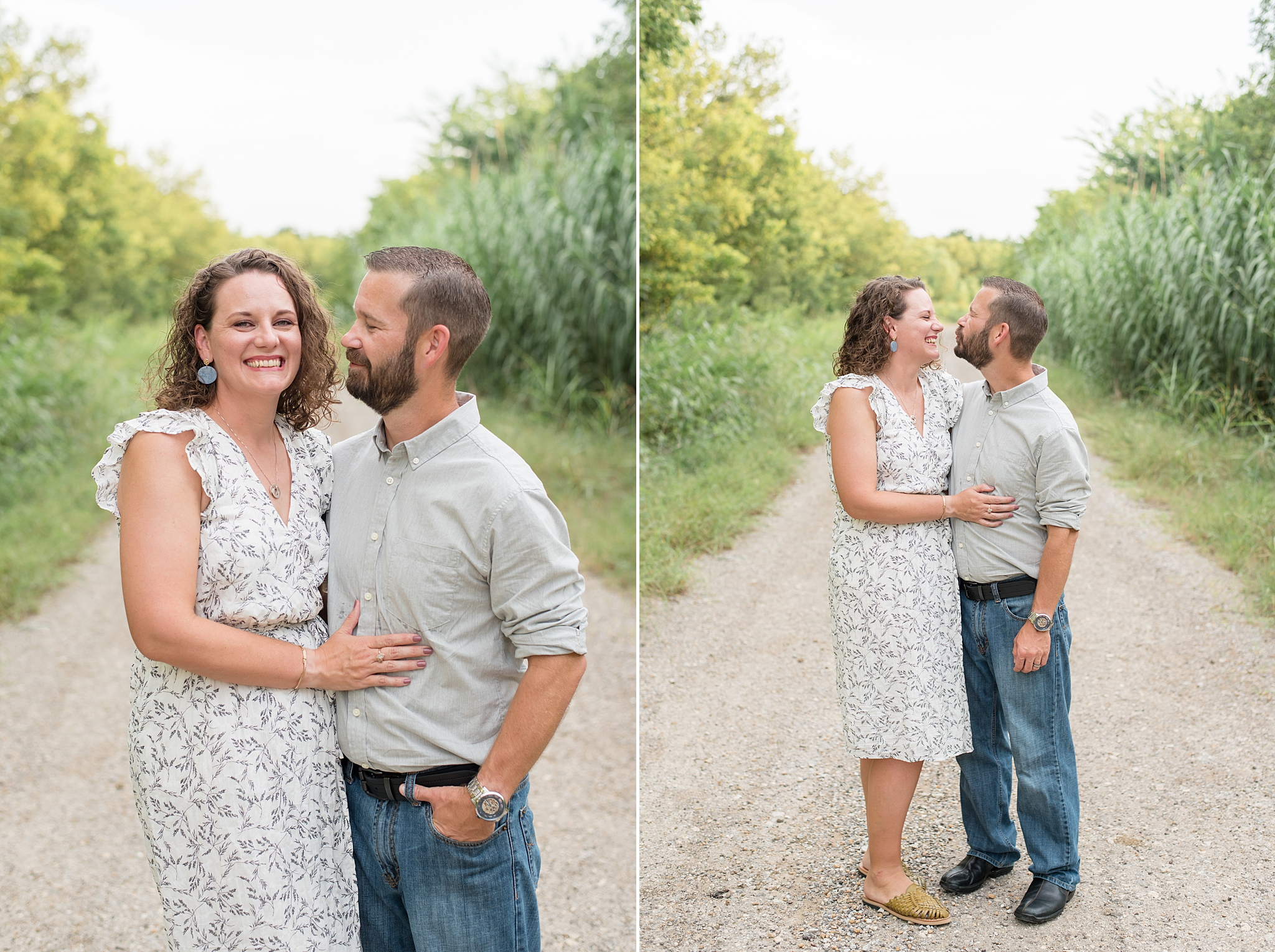 husband and wife stand together on gravel road in Texas