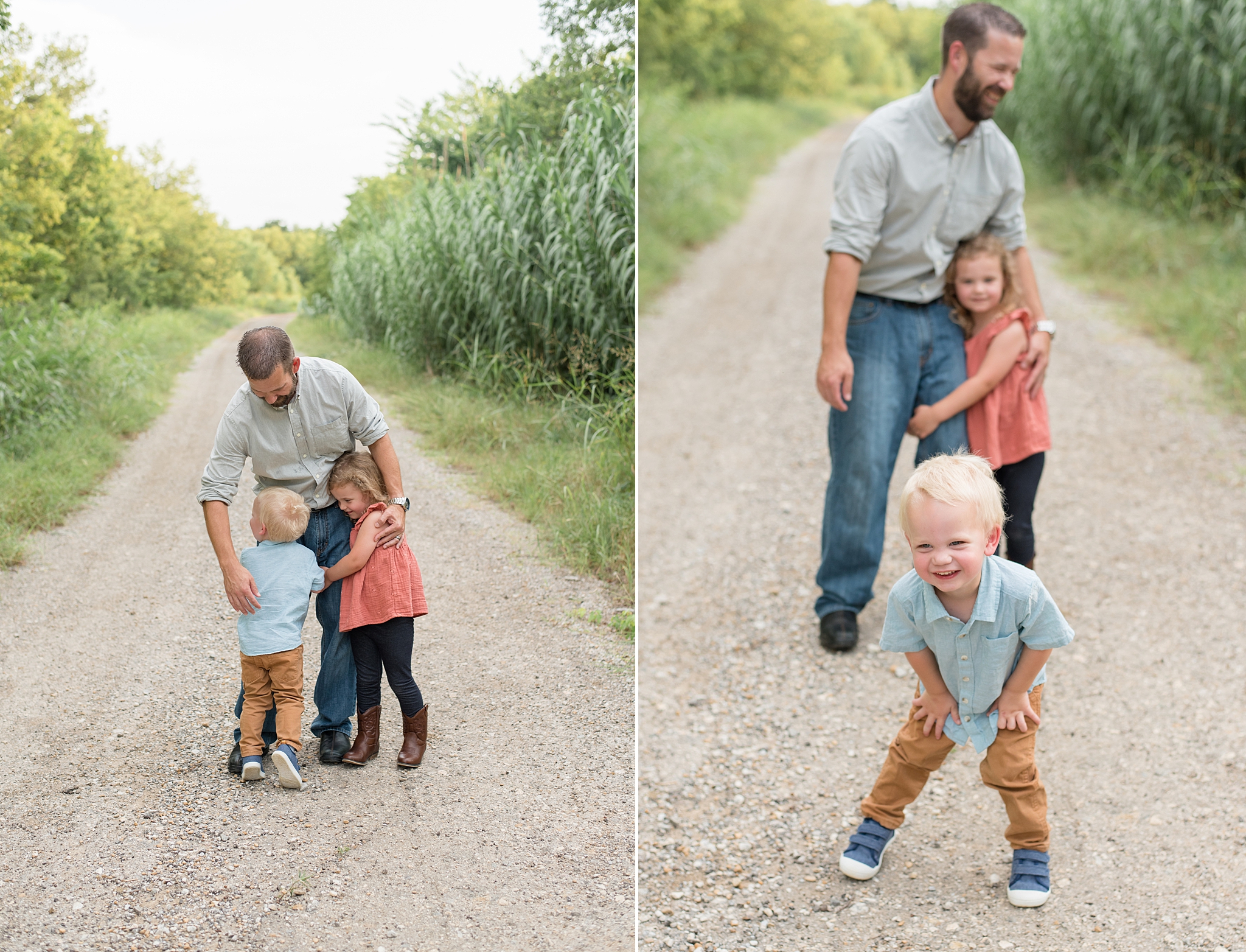 dad stands with arms open as her two kids run towards her during Little Elm family session