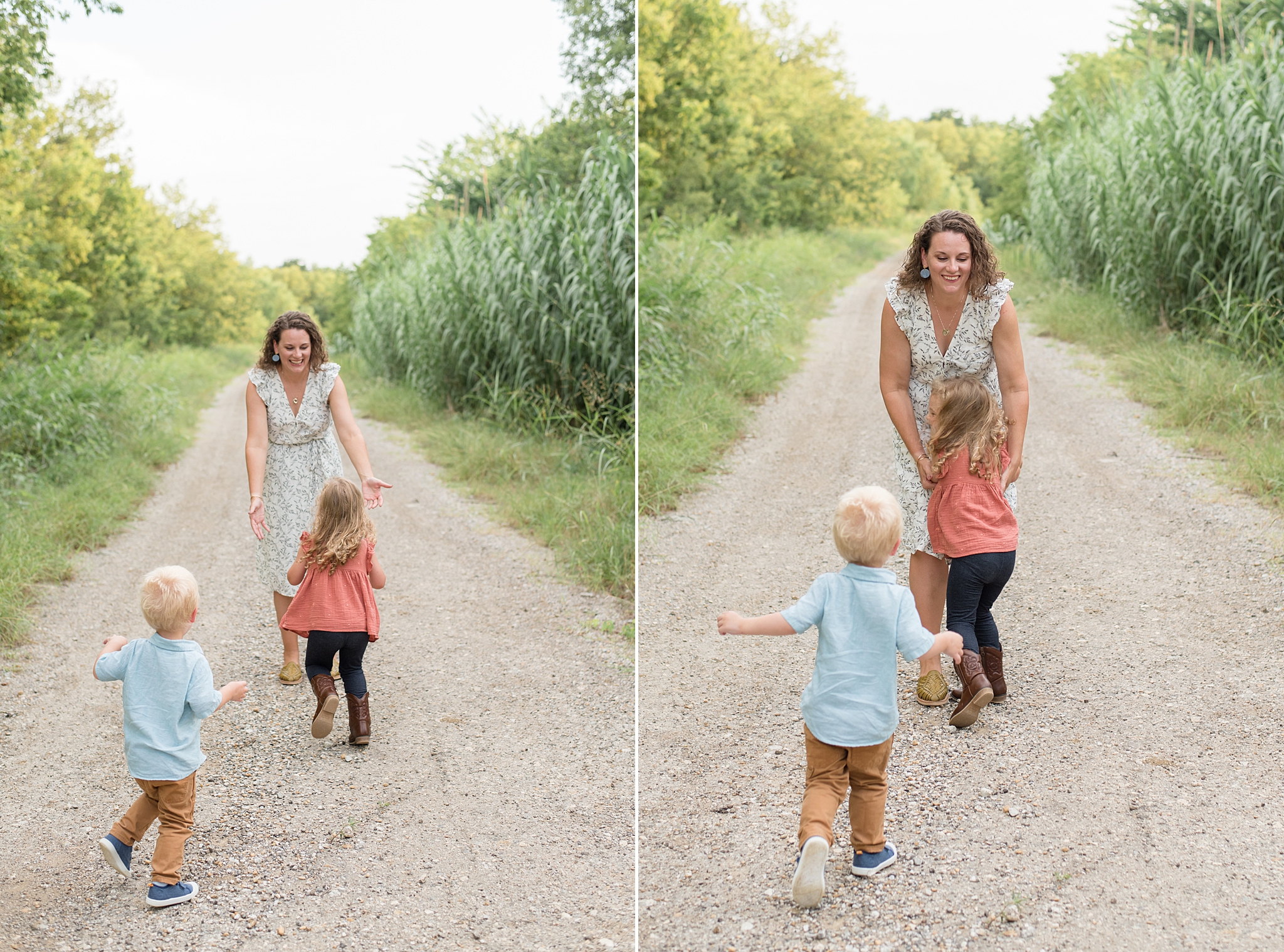 mom stands with arms open as her two kids run towards her during Little Elm family session