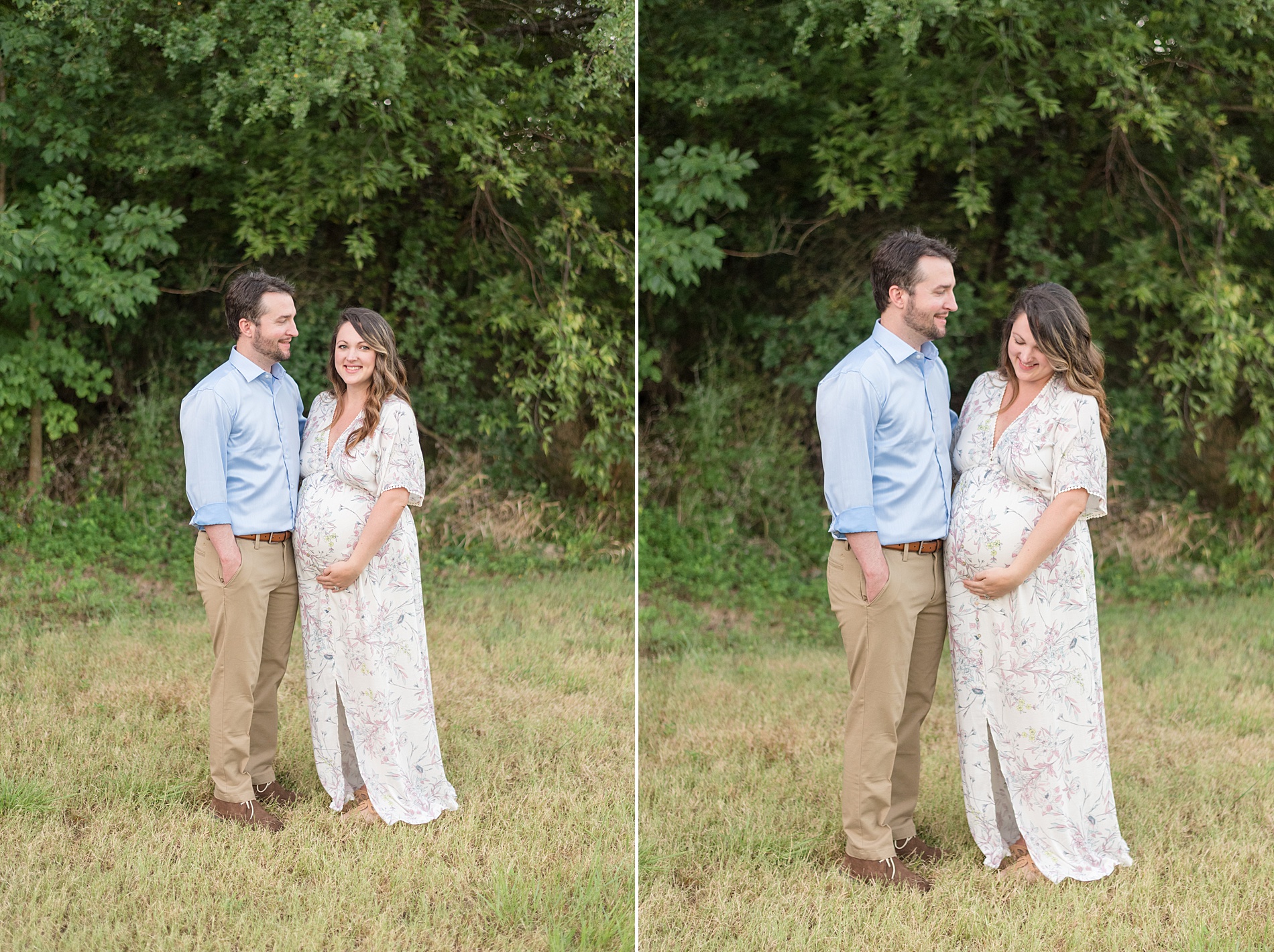 couple stands together at Arbor Hills Maternity Session in Plano TX