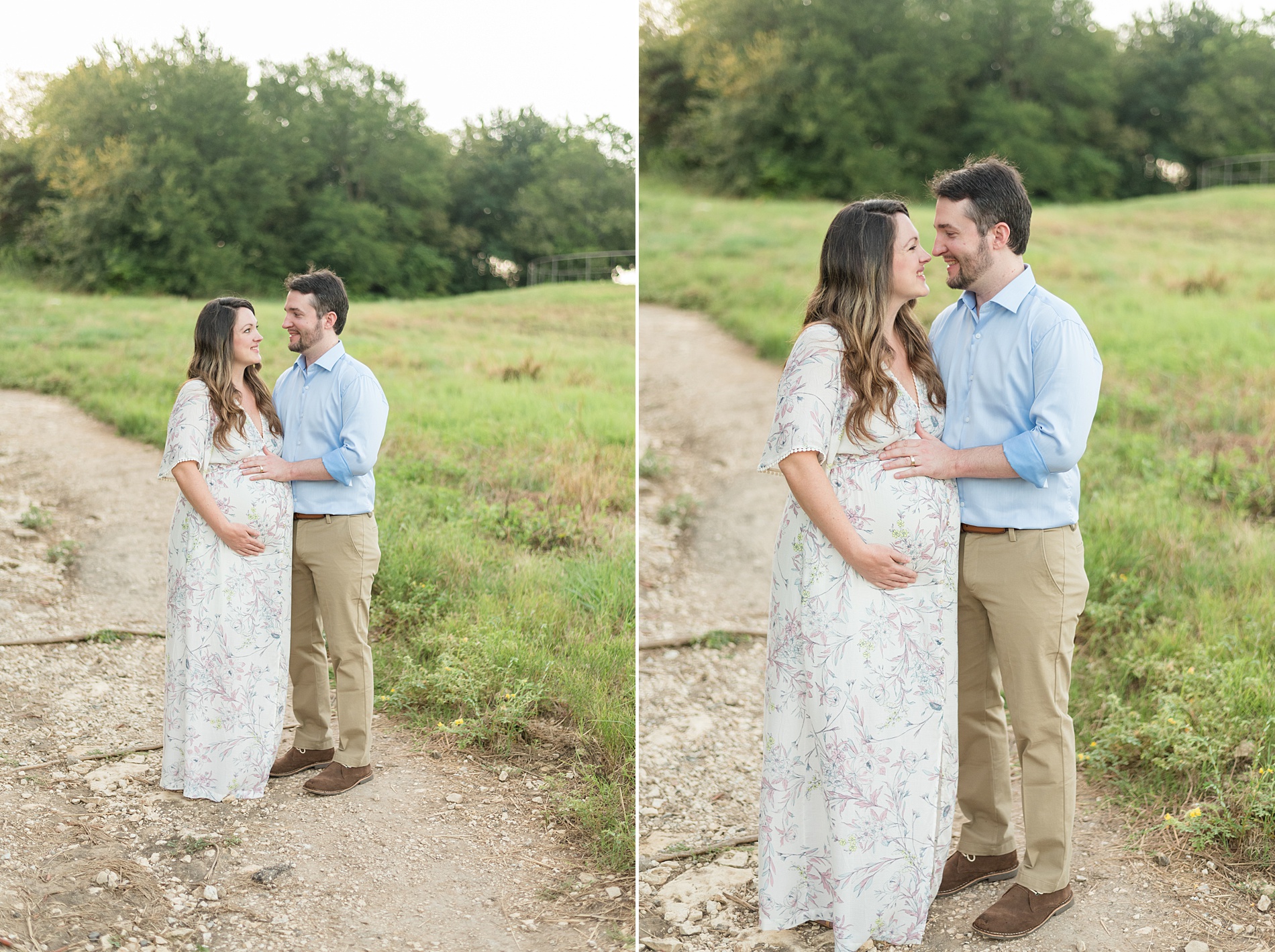 husband touches wife's belly where their baby boy during maternity portraits 