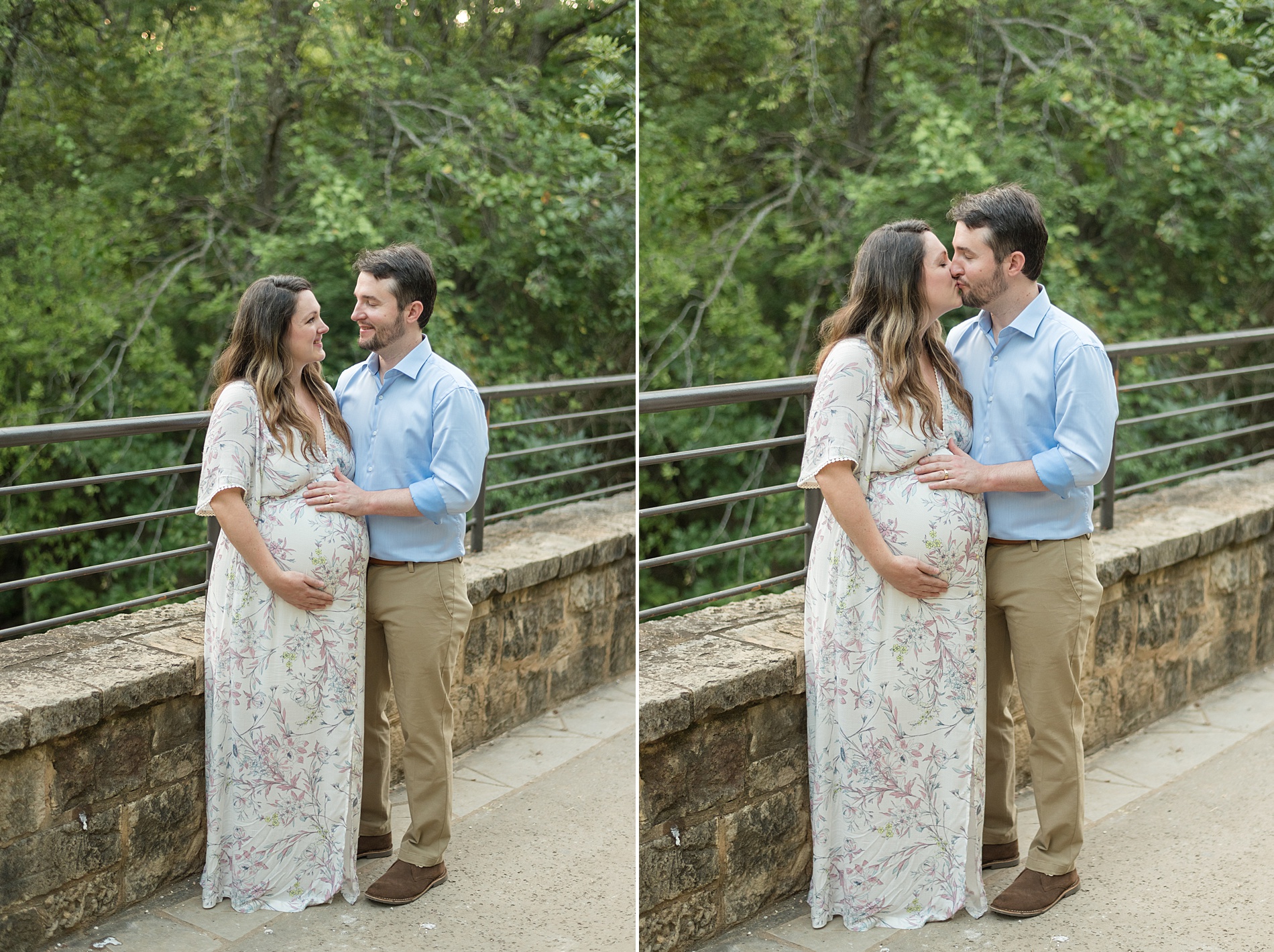 parents to be kiss on bridge in Plano TX