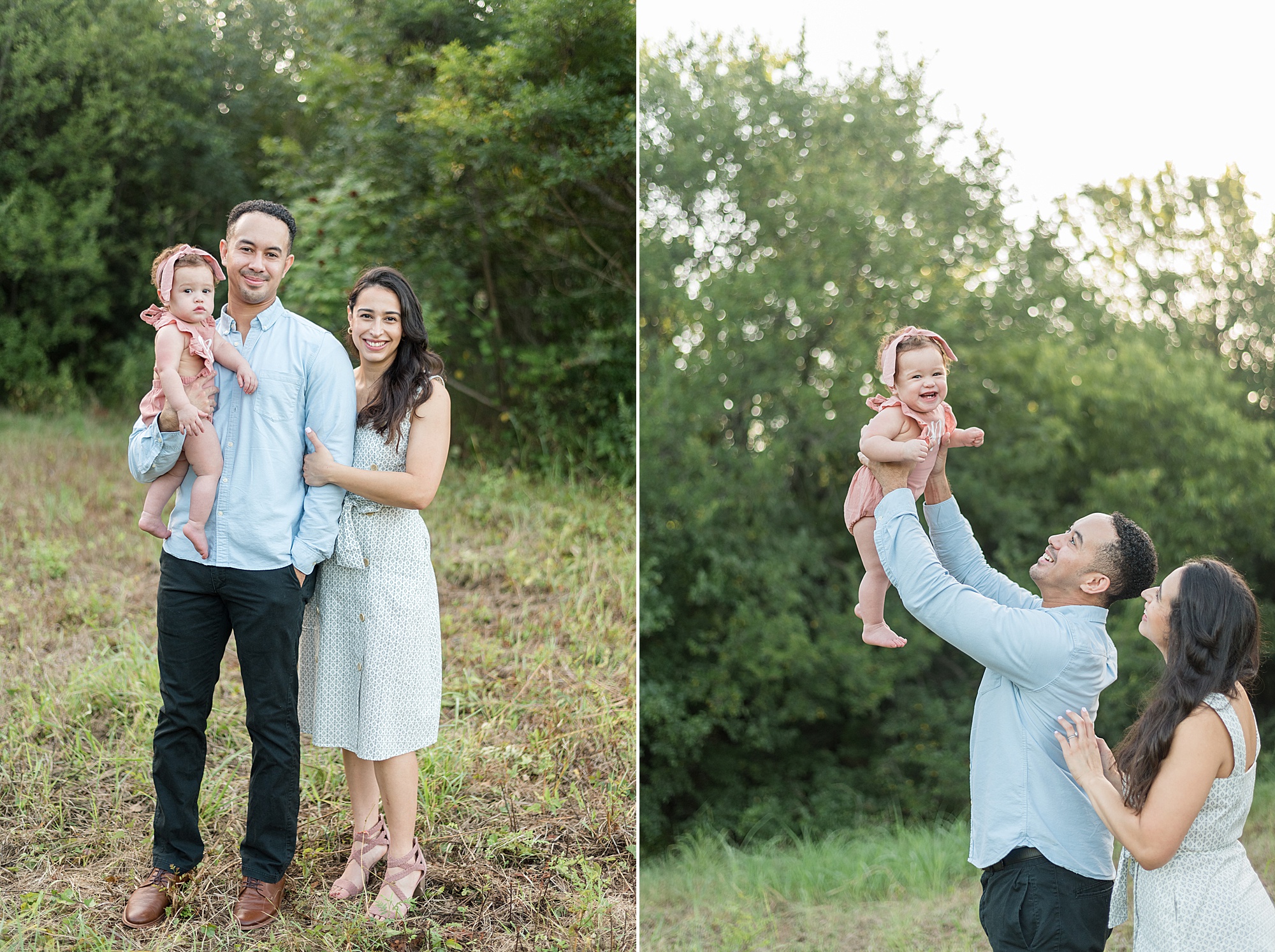 baby girl smiles big while her parents hold her up during family portraits