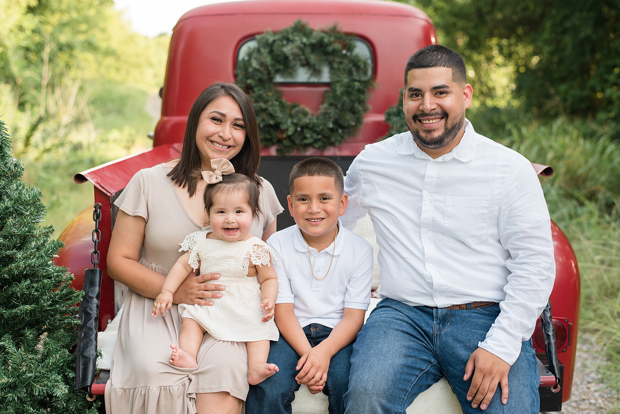 Christmas setup in red truck with evergreen trees for family portraits in TX
