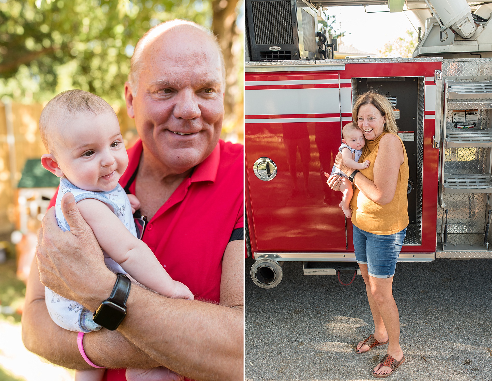 family in front of fire truck