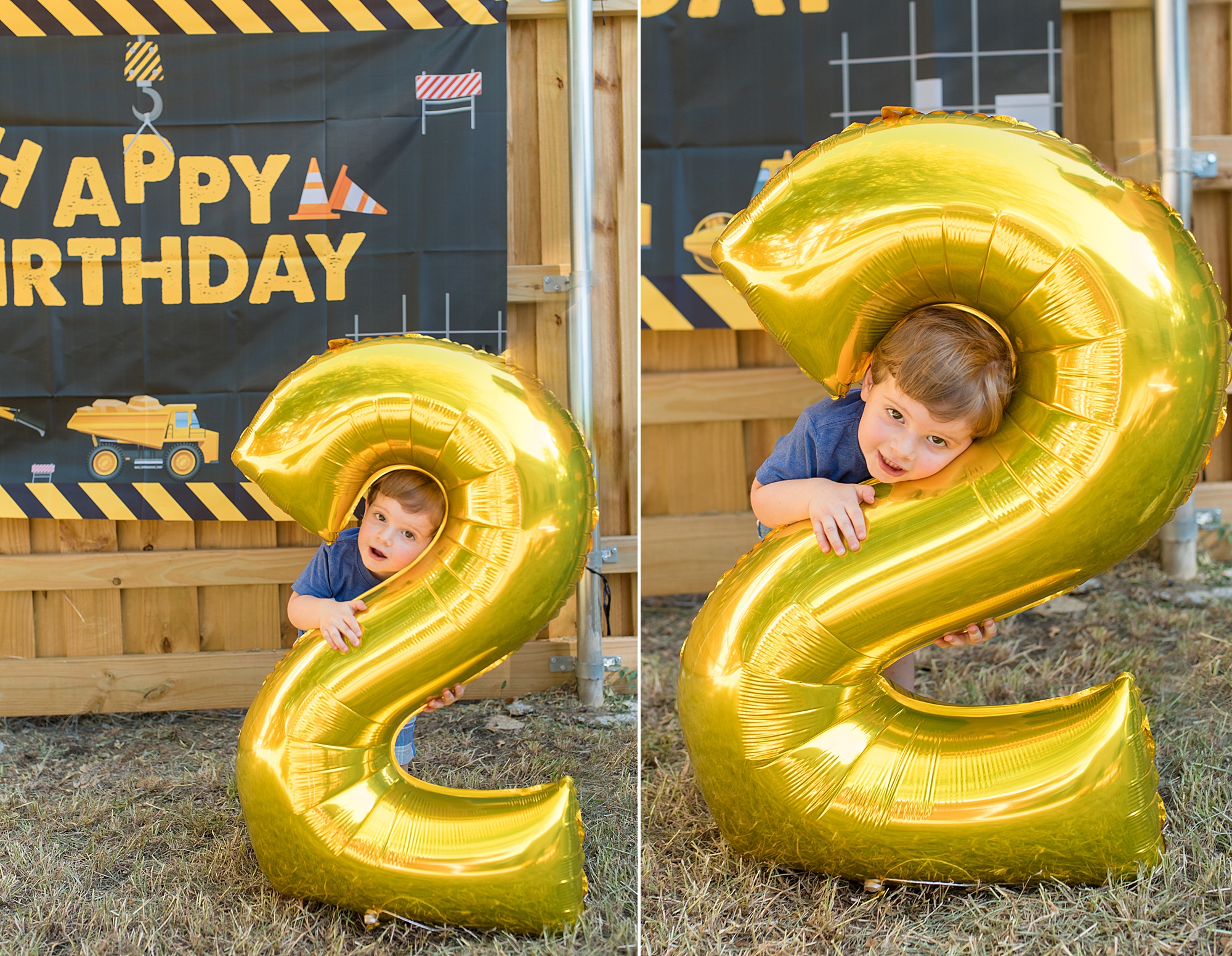 little boy stands with his number two birthday balloon