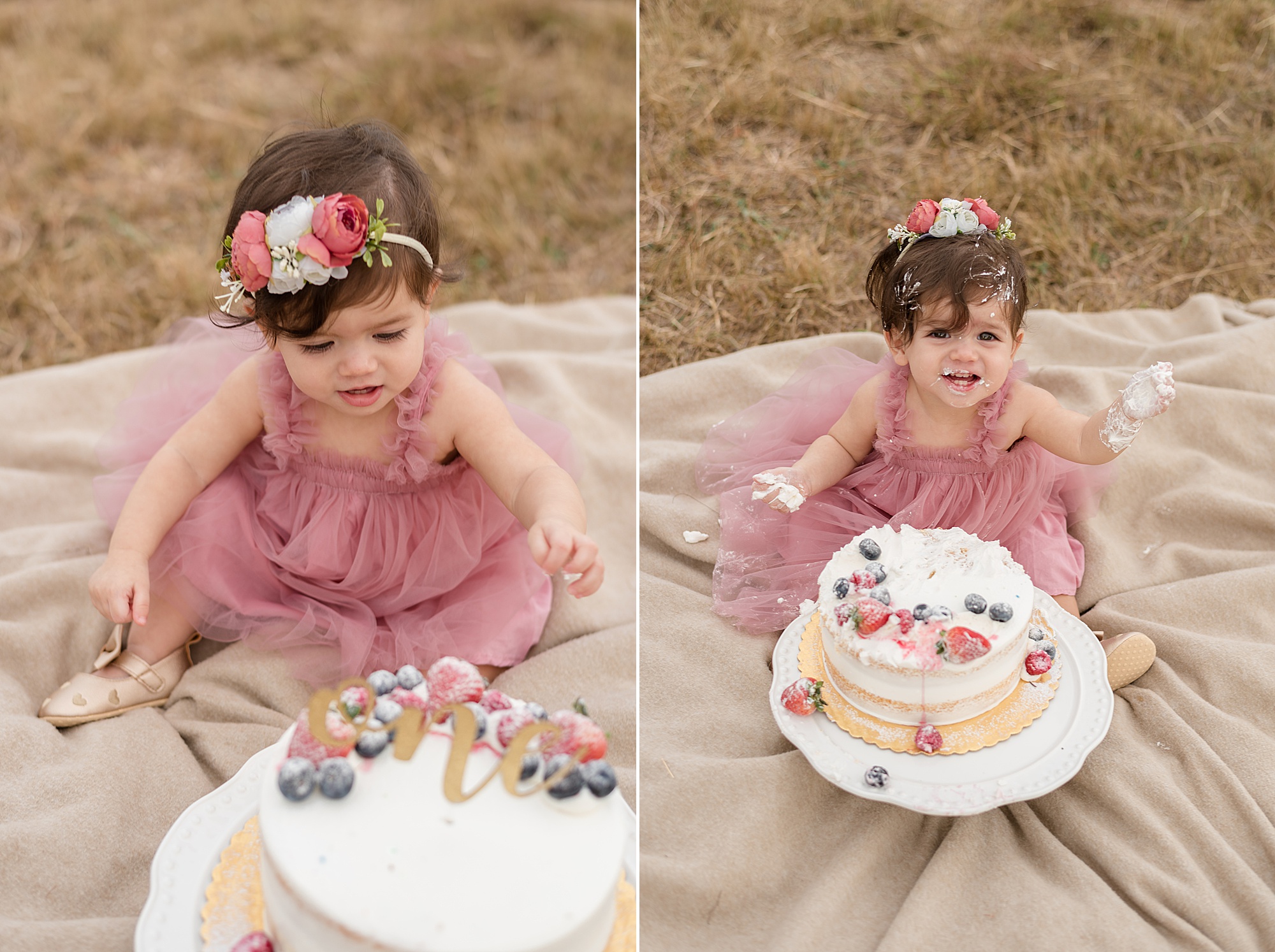 one year old sits with cake during cake smash 