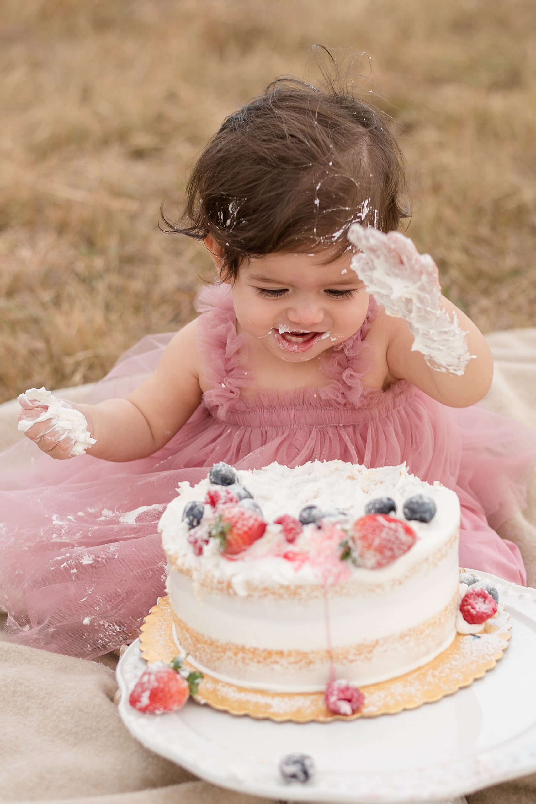 cake smash with little girl in pink dress
