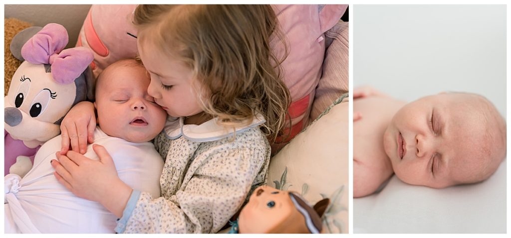 Big sister giving baby brother kiss on cheek | Lindsey Dutton Photography | Dallas Area Newborn and Family Photographer | newborn session, family photos at home, in-home photos, newborn baby boy, neutral newborn photos | via lindseyduttonphotography.com