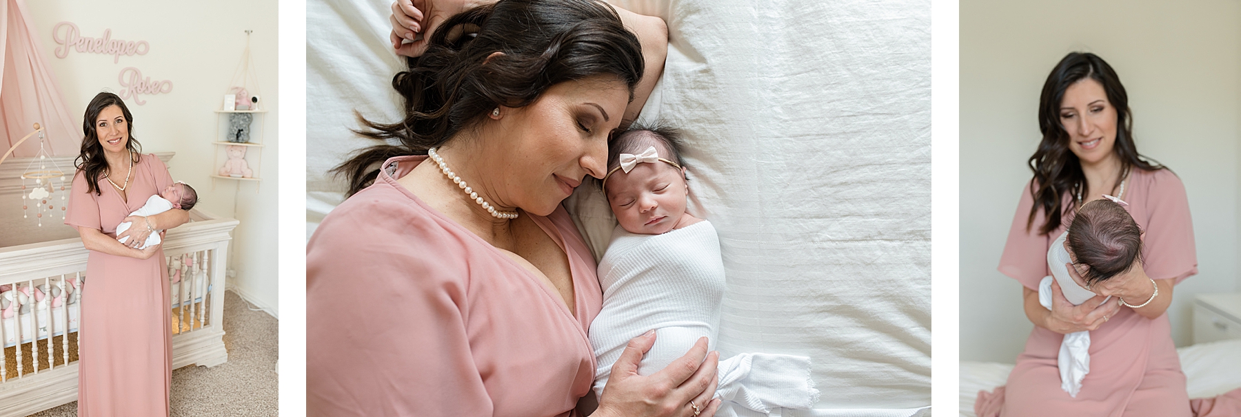 Mom in pink dress with newborn baby girl in white swaddle | Lindsey Dutton Photography | Dallas Area Family Photographer | newborn session, newborn posing ideas, newborn photos, girl nursery inspiration | via lindseyduttonphotography.com