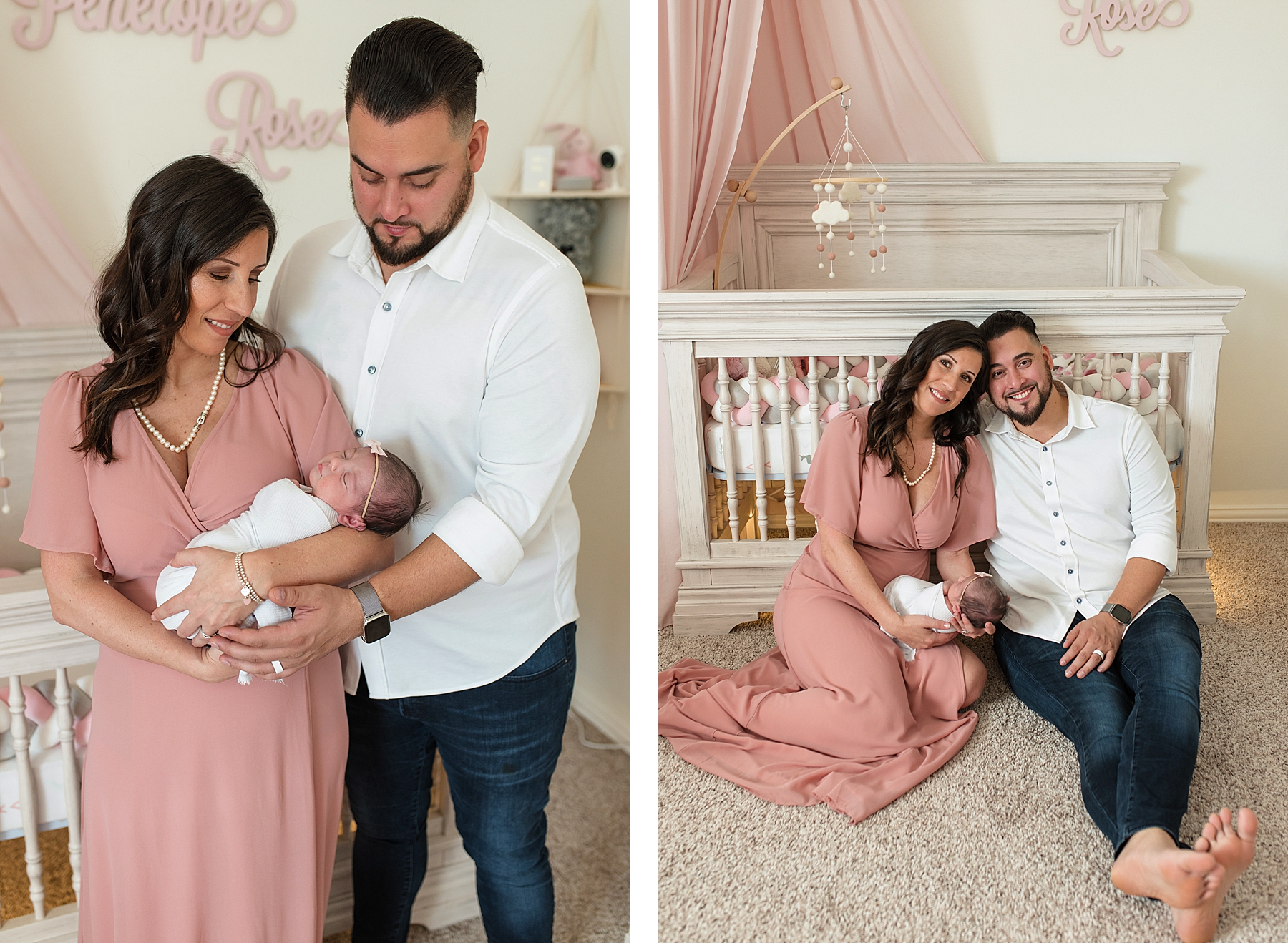 Mom and dad holding newborn baby girl in pink and white nursery | In-Home Newborn Photo Session | Lindsey Dutton Photography | Dallas Area Family Photographer | newborn session, newborn posing ideas, newborn photos, girl nursery inspiration | via lindseyduttonphotography.com