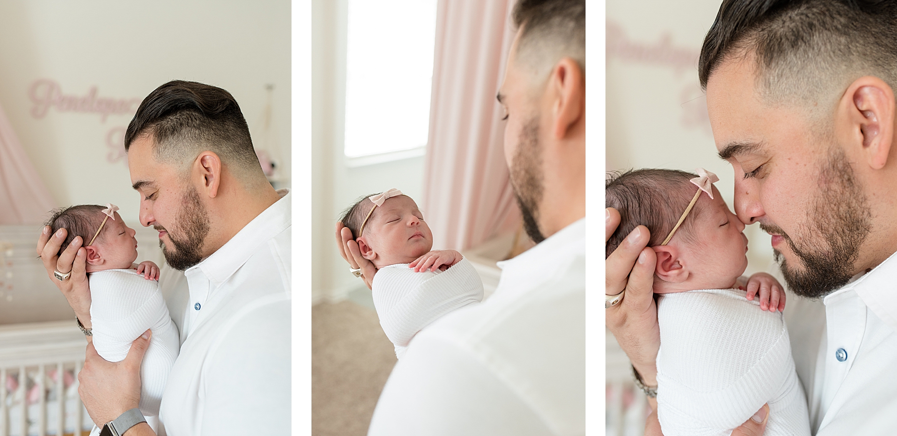 Dad holding newborn baby girl in white swaddle | Lindsey Dutton Photography | Dallas Area Family Photographer | newborn session, newborn posing ideas, newborn photos, girl nursery inspiration | via lindseyduttonphotography.com