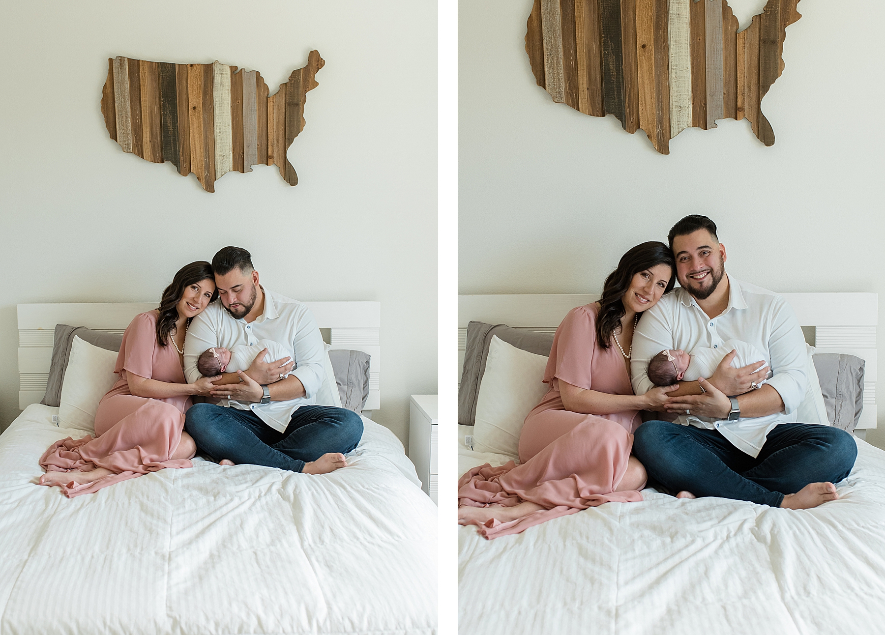 Mom and dad sitting in bed with newborn baby girl | In-Home Newborn Photo Session | Lindsey Dutton Photography | Dallas Area Family Photographer | newborn session, newborn posing ideas, newborn photos, girl nursery inspiration | via lindseyduttonphotography.com