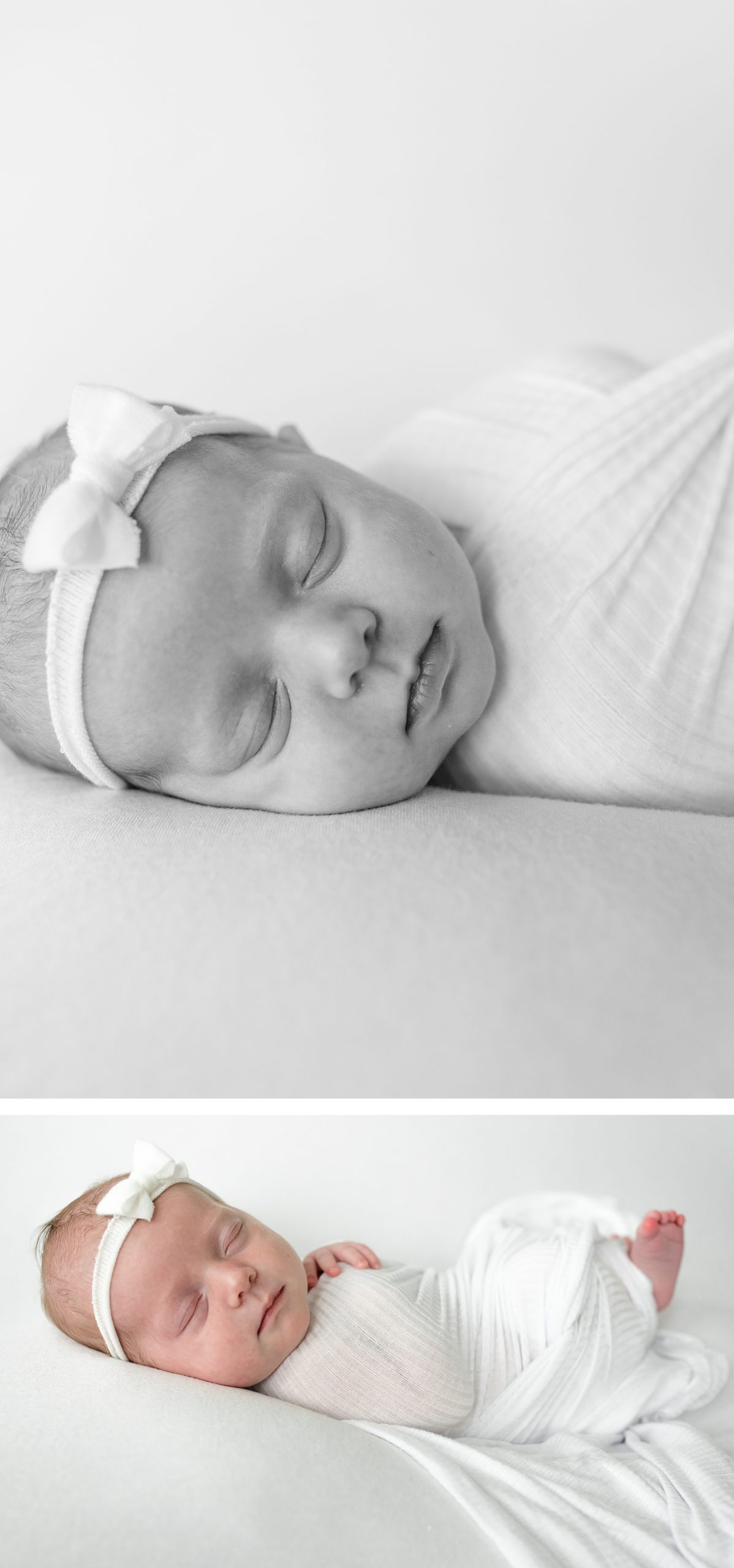 Newborn baby girl in white swaddle at in-home newborn session | Lindsey Dutton Photography | newborn photos, family photos at home, neutral family outfits | via lindseyduttonphotography.com