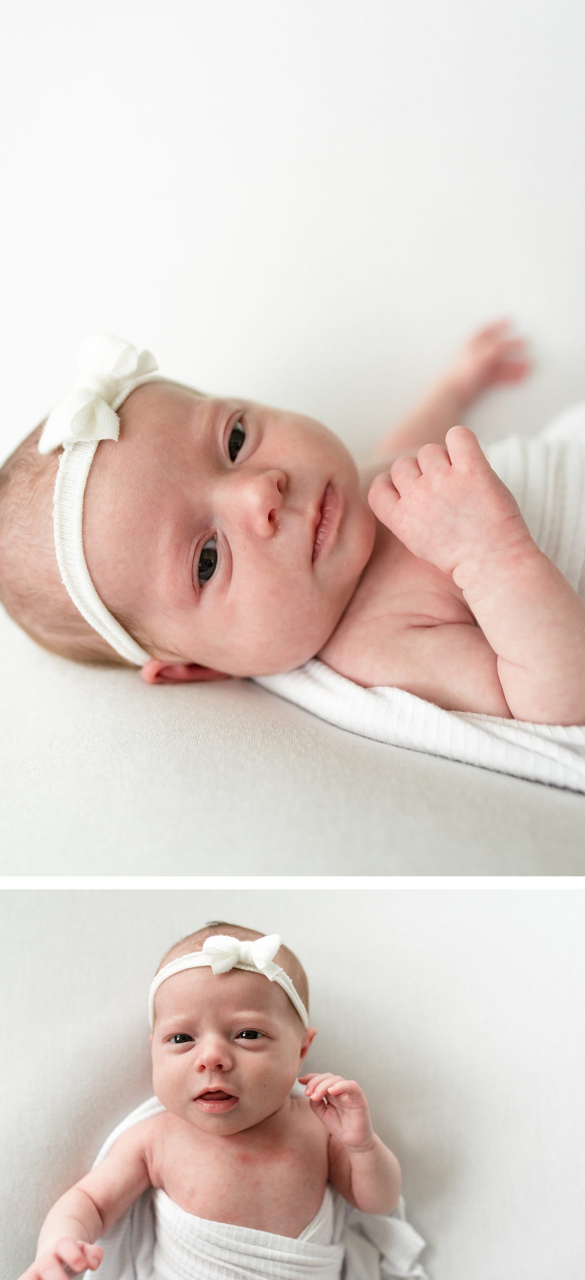 Newborn baby girl in white swaddle at in-home newborn session | Lindsey Dutton Photography | newborn photos, family photos at home, neutral family outfits | via lindseyduttonphotography.com
