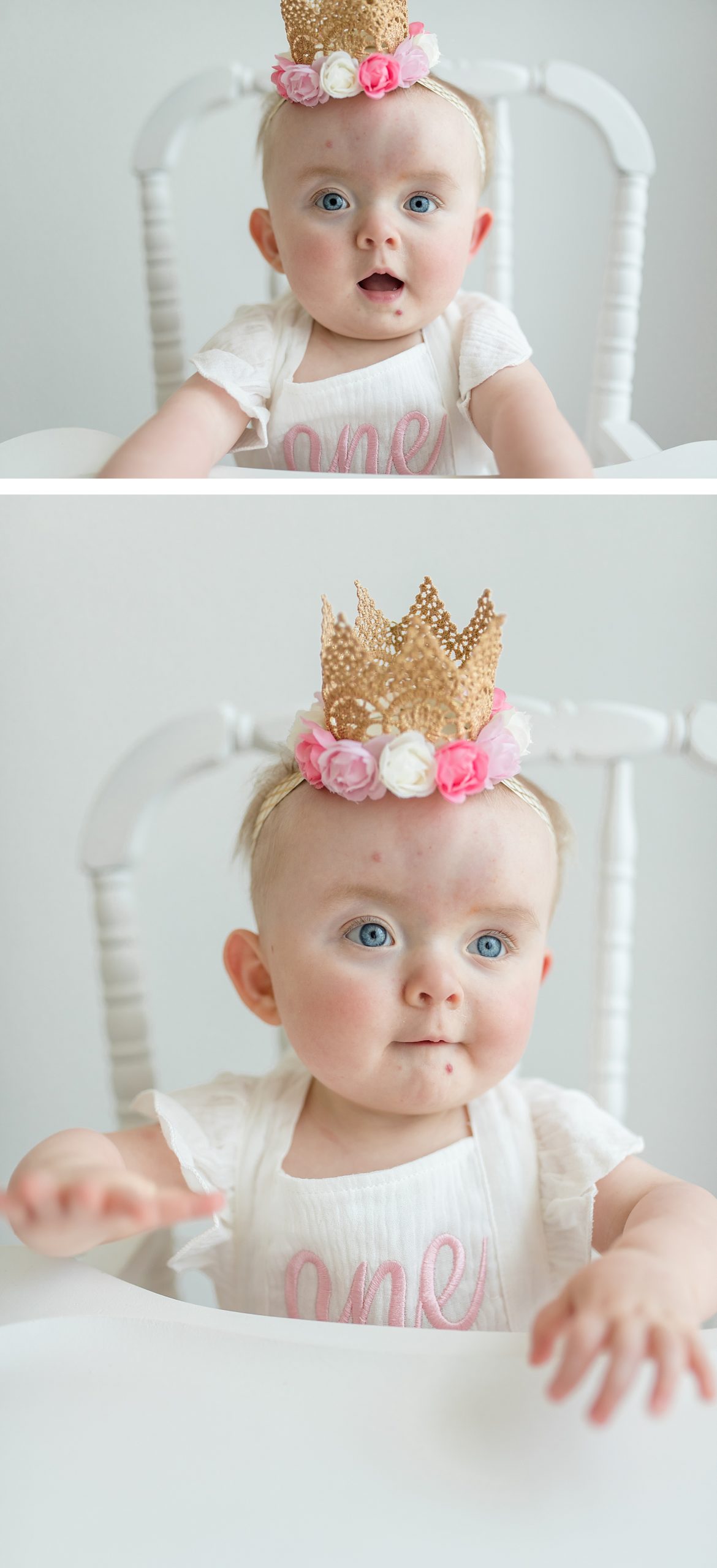 Little girl sitting in vintage high chair for first birthday. Photographed by Dallas newborn photographer Lindsey Dutton Photography
