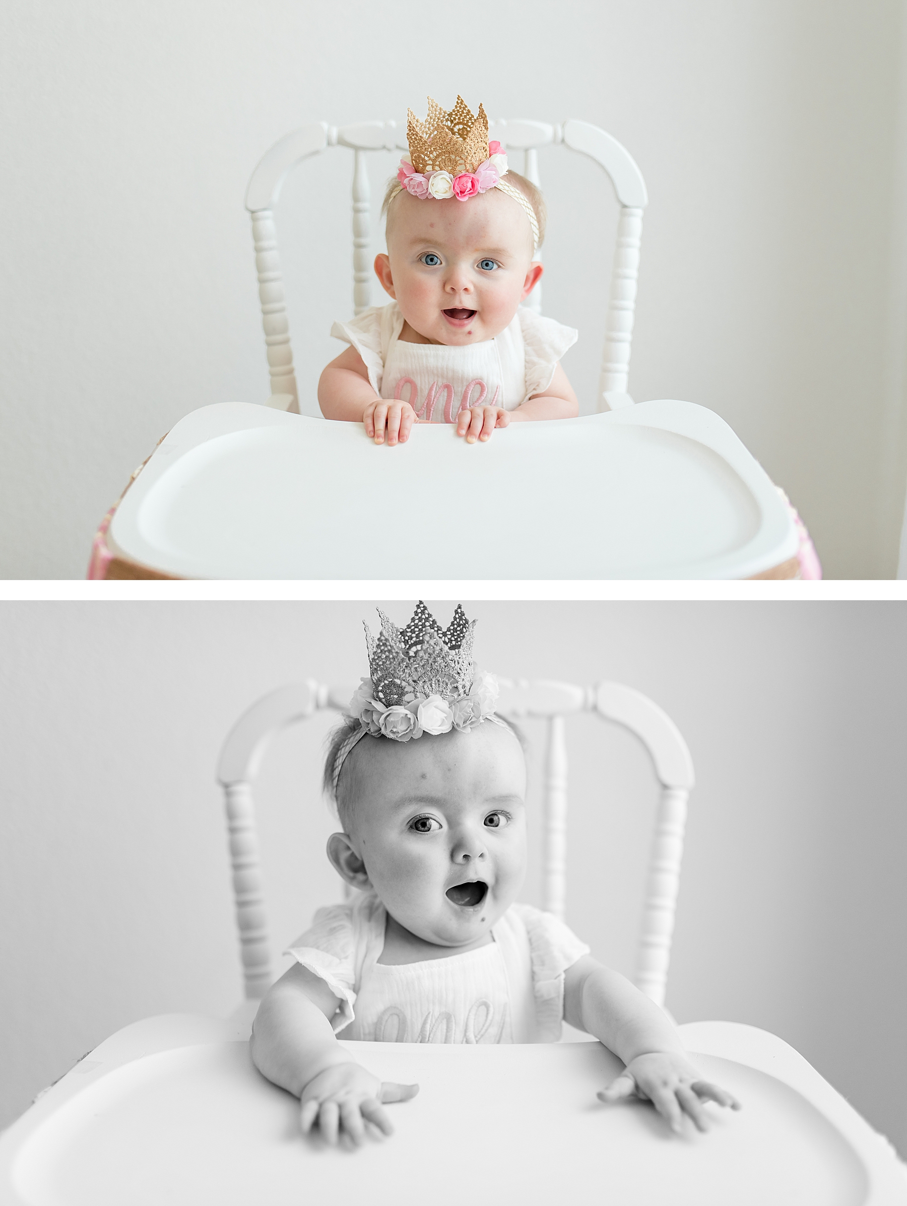 Little girl sitting in vintage high chair for first birthday. Photographed by Dallas newborn photographer Lindsey Dutton Photography