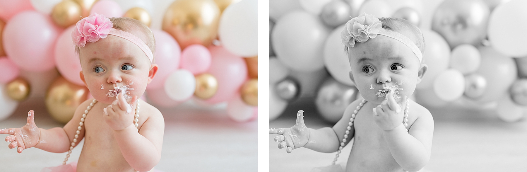 Little girl sitting in front of balloons eating cake. Photographed by Dallas newborn photographer Lindsey Dutton Photography