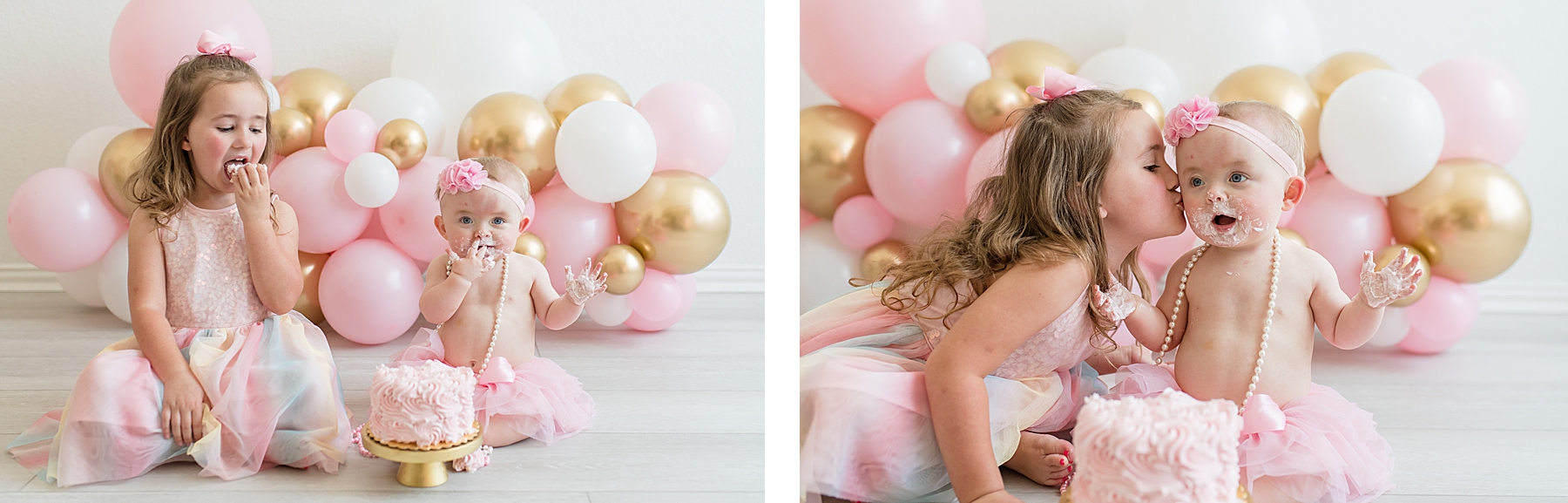 Sisters eating cake at cake smash photos. Photographed by Dallas newborn photographer Lindsey Dutton Photography