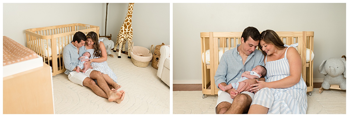 Parents snuggling newborn baby in neutral safari nursery. Photographed by Dallas newborn photographer Lindsey Dutton Photography