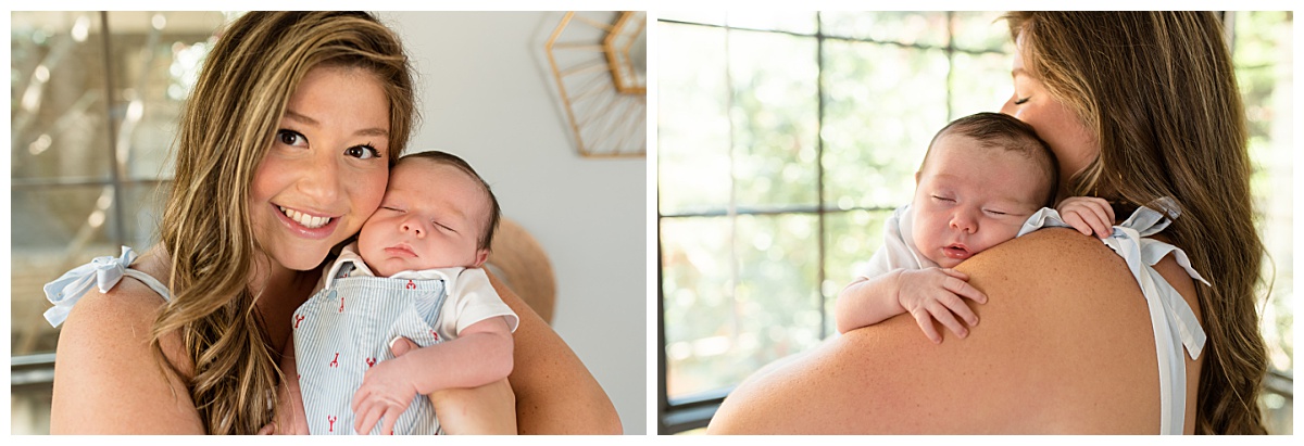 Mom snuggling newborn baby in neutral safari nursery. Photographed by Dallas newborn photographer Lindsey Dutton Photography