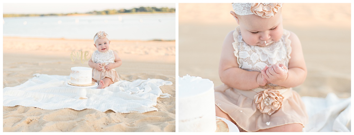 One year old girl sits on the beach with a white cake for her cake smash session in North Dallas by Lindsey Dutton Photography, a Dallas Cake Smash Photographer. 