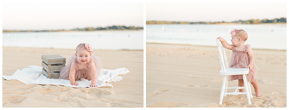Baby girl crawling on a blanket at the beach for her cake smash session in North Dallas by Lindsey Dutton Photography, a Dallas Cake Smash Photographer. 