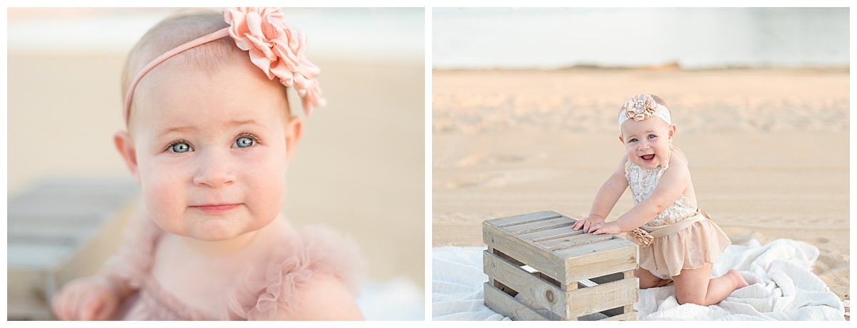Baby girl posing on a crate for her beach themed cake smash photos in North Dallas by Lindsey Dutton Photography, a Dallas Cake Smash Photographer. 