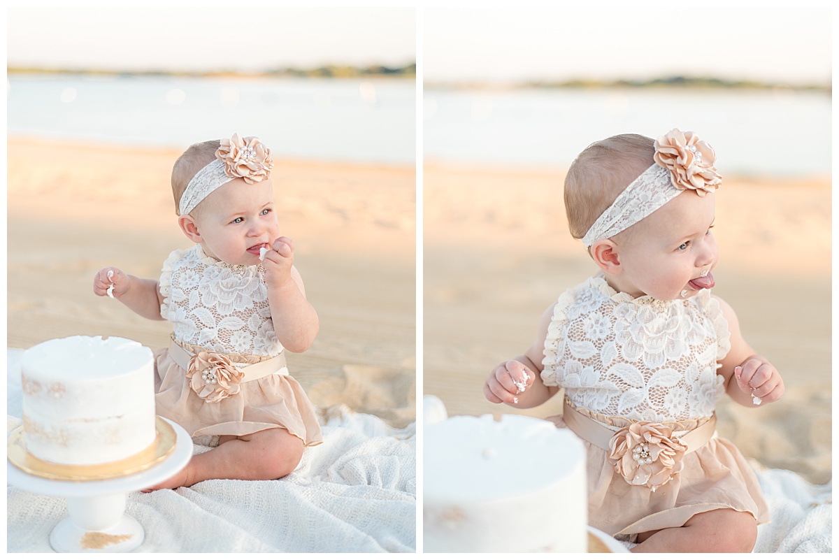 One year old girl eating cake on a blanket at the beach for her cake smash portraits in North Dallas by Lindsey Dutton Photography, a Dallas Cake Smash Photographer. 