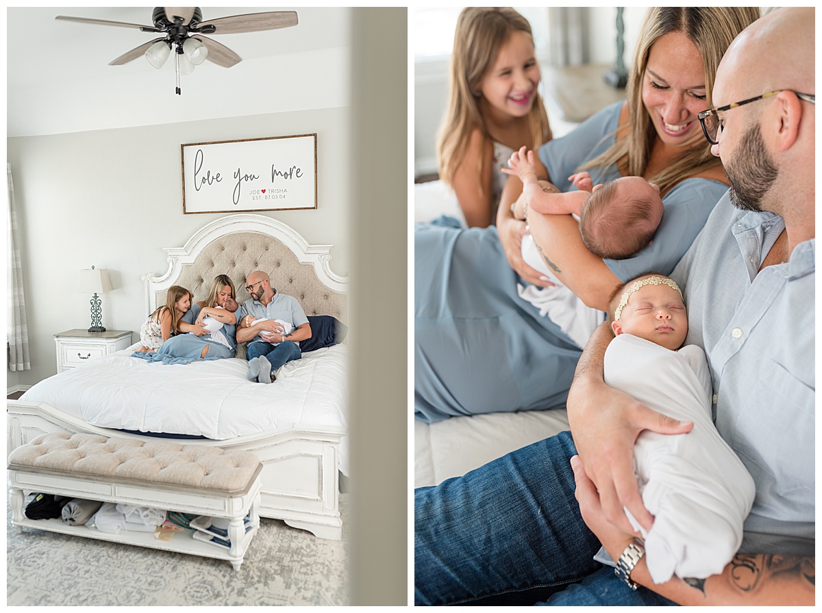 Mom, Dad and Big Sister cuddle newborn twins on the bed for their in-home twin newborn photos taken by Lindsey Dutton Photography, a Frisco Newborn Photographer.
