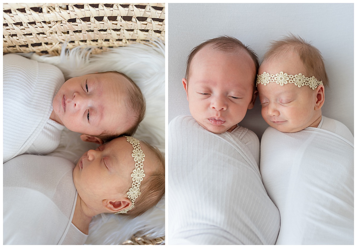Newborn twin boy and girl swaddled side by side for their in-home twin newborn portraits taken by Lindsey Dutton Photography, a Frisco Newborn Photographer.