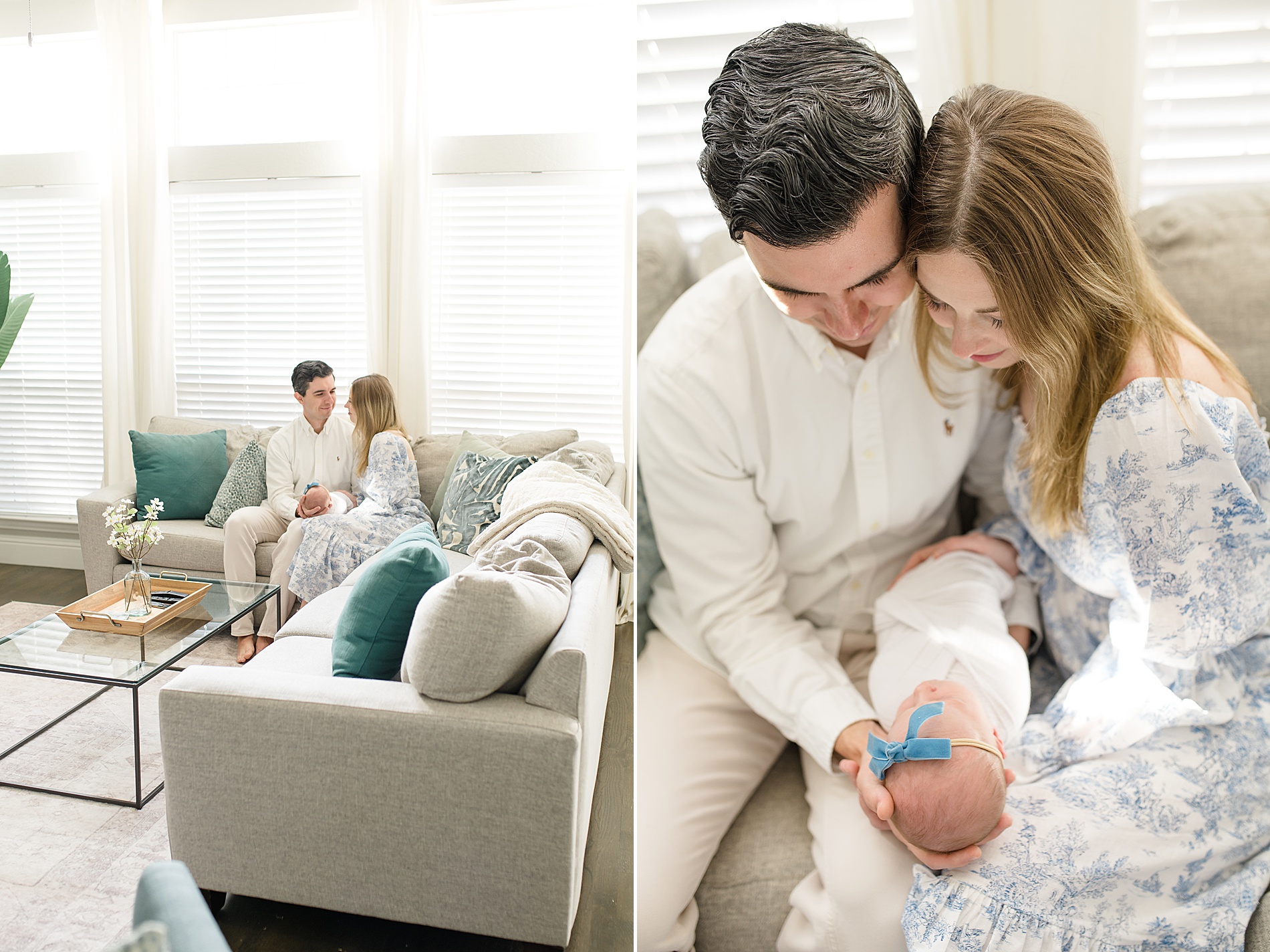 parents snuggle newborn on couch during lifestyle newborn session